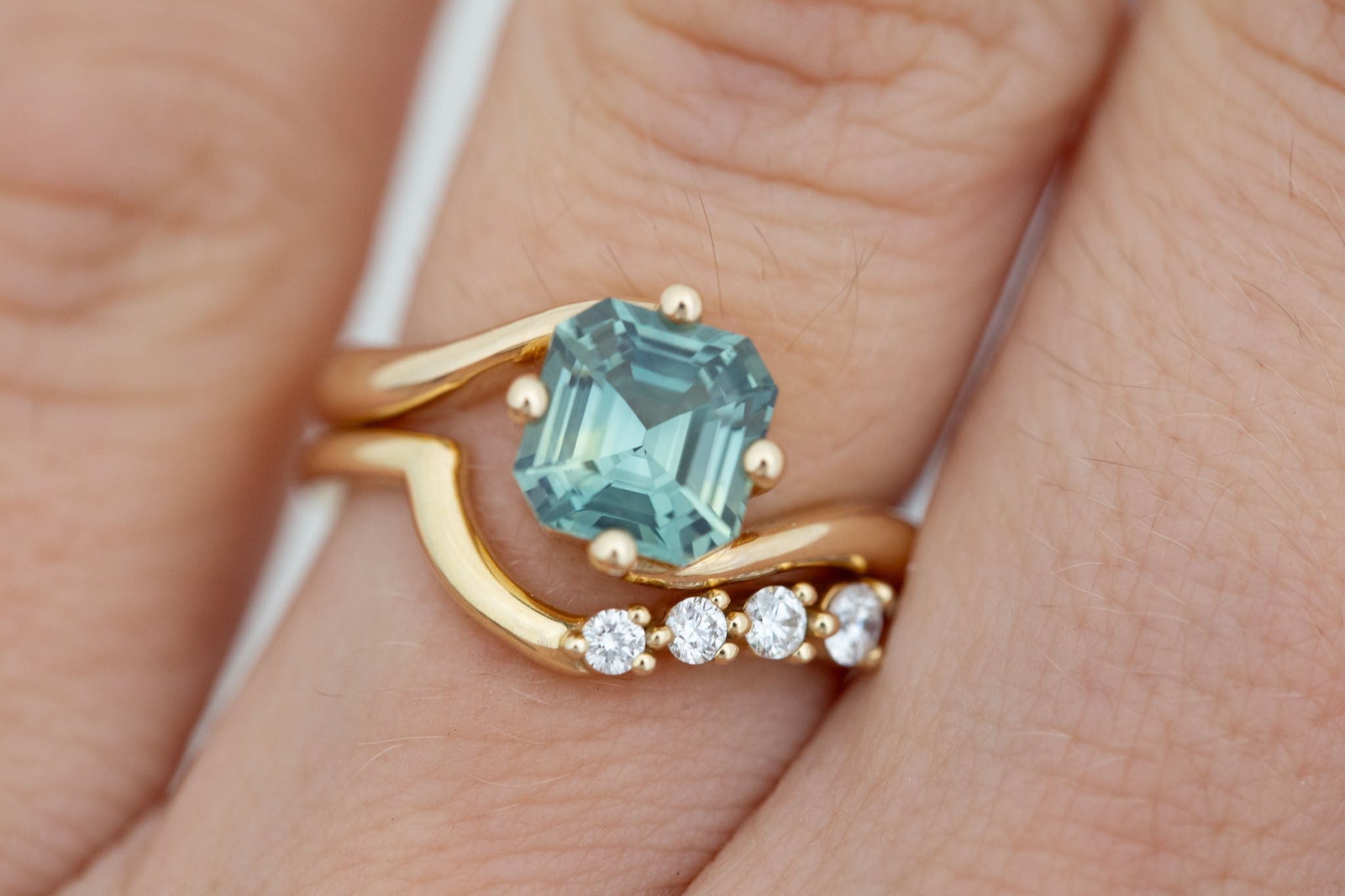 Marin Ring | Green Asscher Sapphire Bypass Engagement Ring 2.02 ct | 14k Recycled Gold | One of a Kind