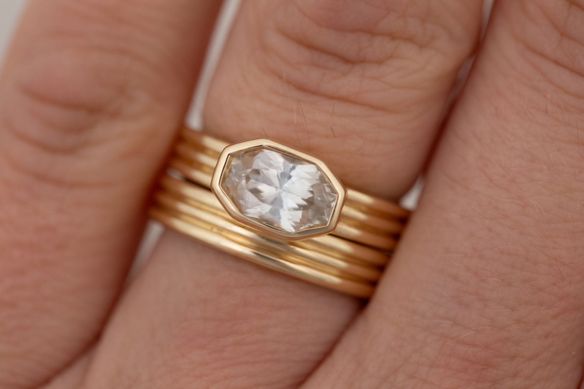 Dylan Ring | White Octagonal Sapphire + Triple Band Engagement Ring 2.02 ct | 14k Recycled Gold | One of a Kind
