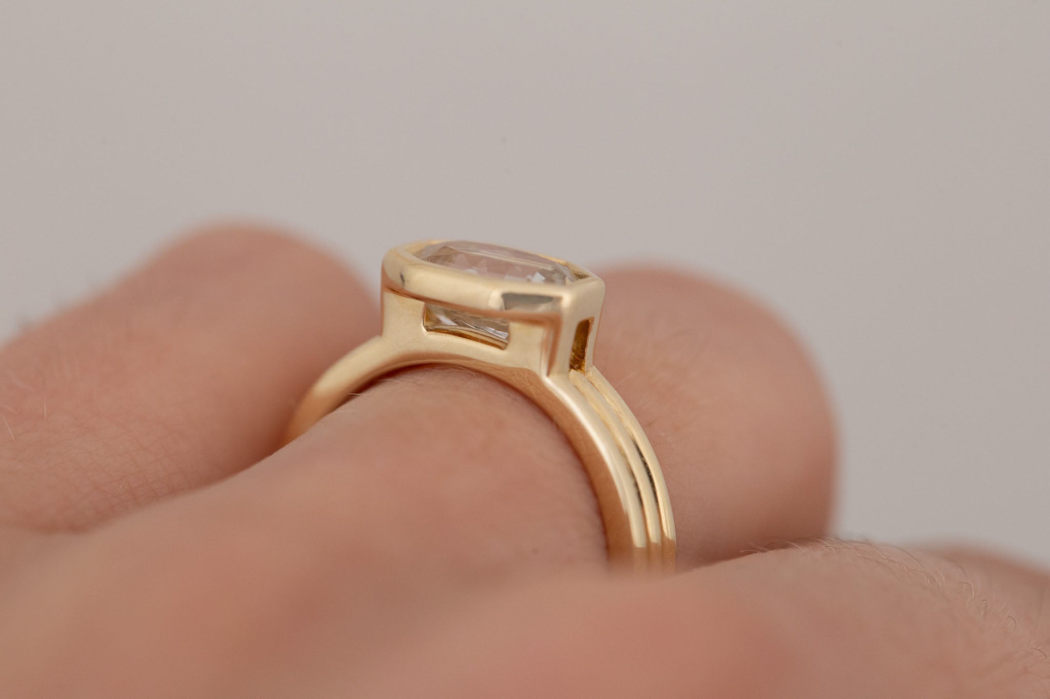 Dylan Ring | White Octagonal Sapphire + Triple Band Engagement Ring 2.02 ct | 14k Recycled Gold | One of a Kind