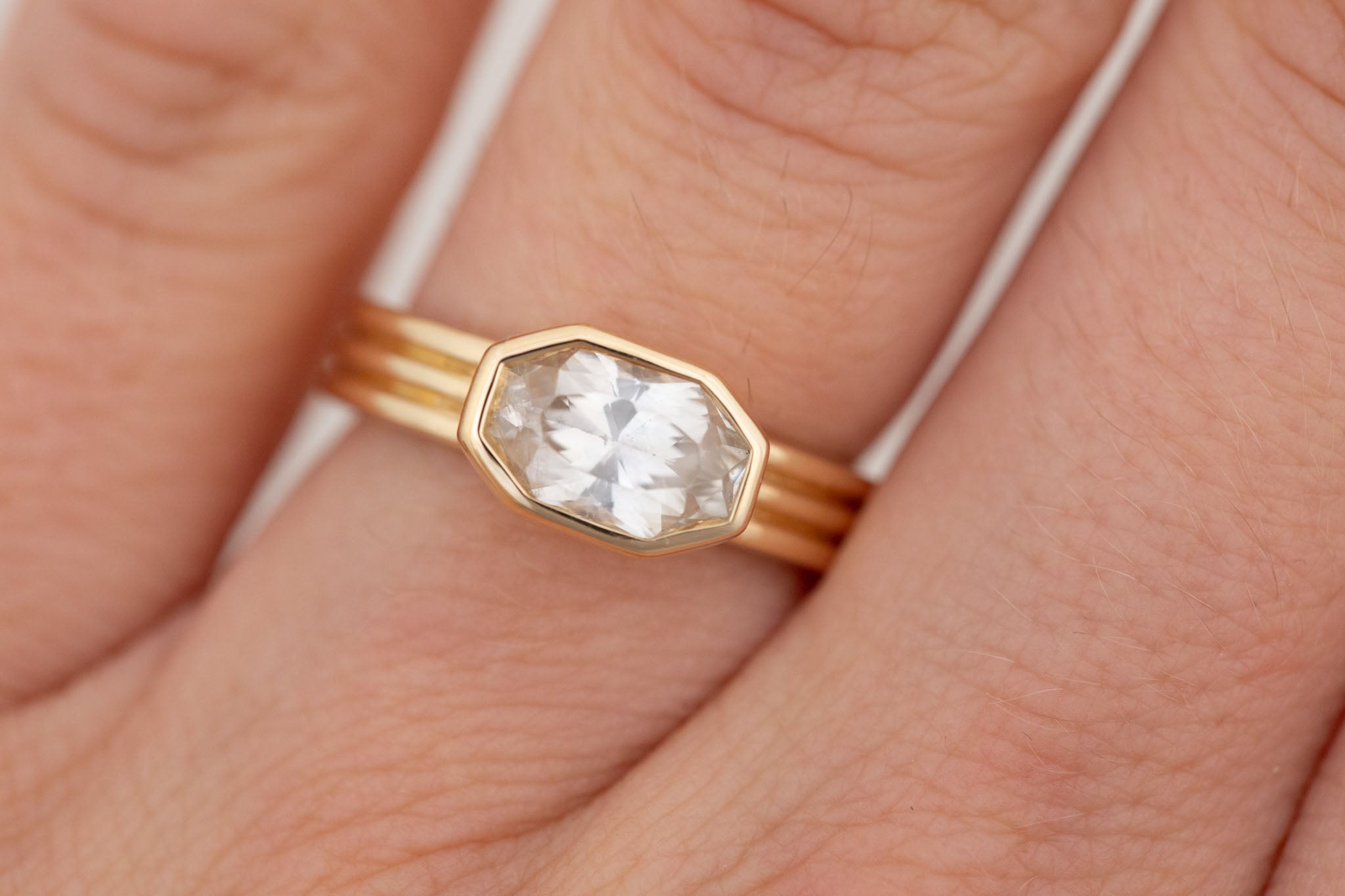 Dylan Ring | White Octagonal Sapphire + Triple Band Engagement Ring 2.02 ct | 14k Recycled Gold | One of a Kind