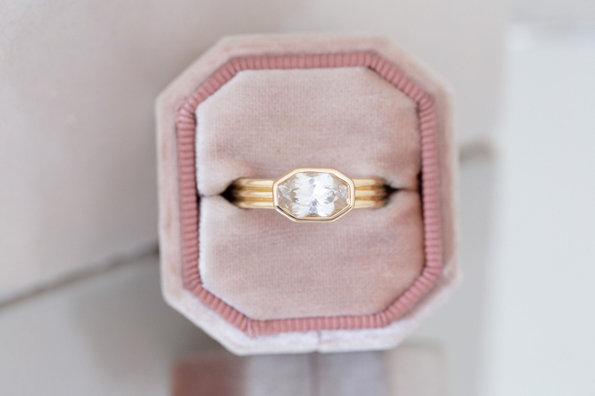 Dylan Ring | White Octagonal Sapphire + Triple Band Engagement Ring 2.02 ct | 14k Recycled Gold | One of a Kind