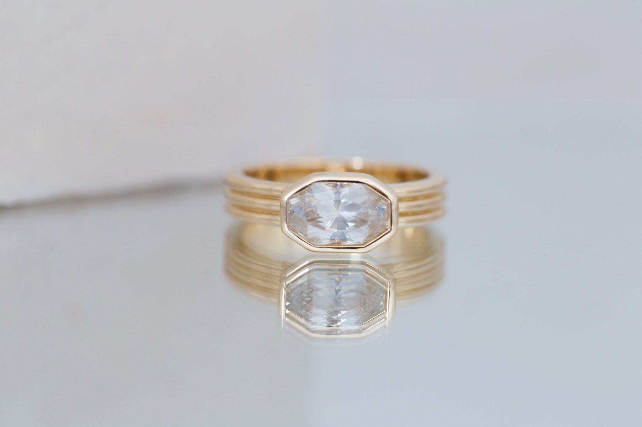 Dylan Ring | White Octagonal Sapphire + Triple Band Engagement Ring 2.02 ct | 14k Recycled Gold | One of a Kind