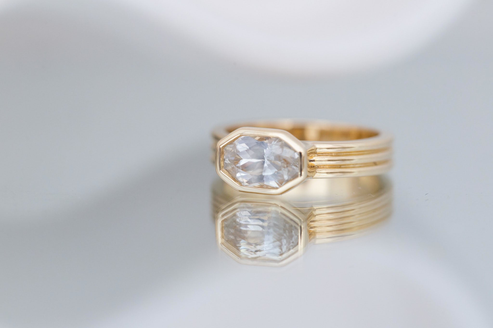 Dylan Ring | White Octagonal Sapphire + Triple Band Engagement Ring 2.02 ct | 14k Recycled Gold | One of a Kind