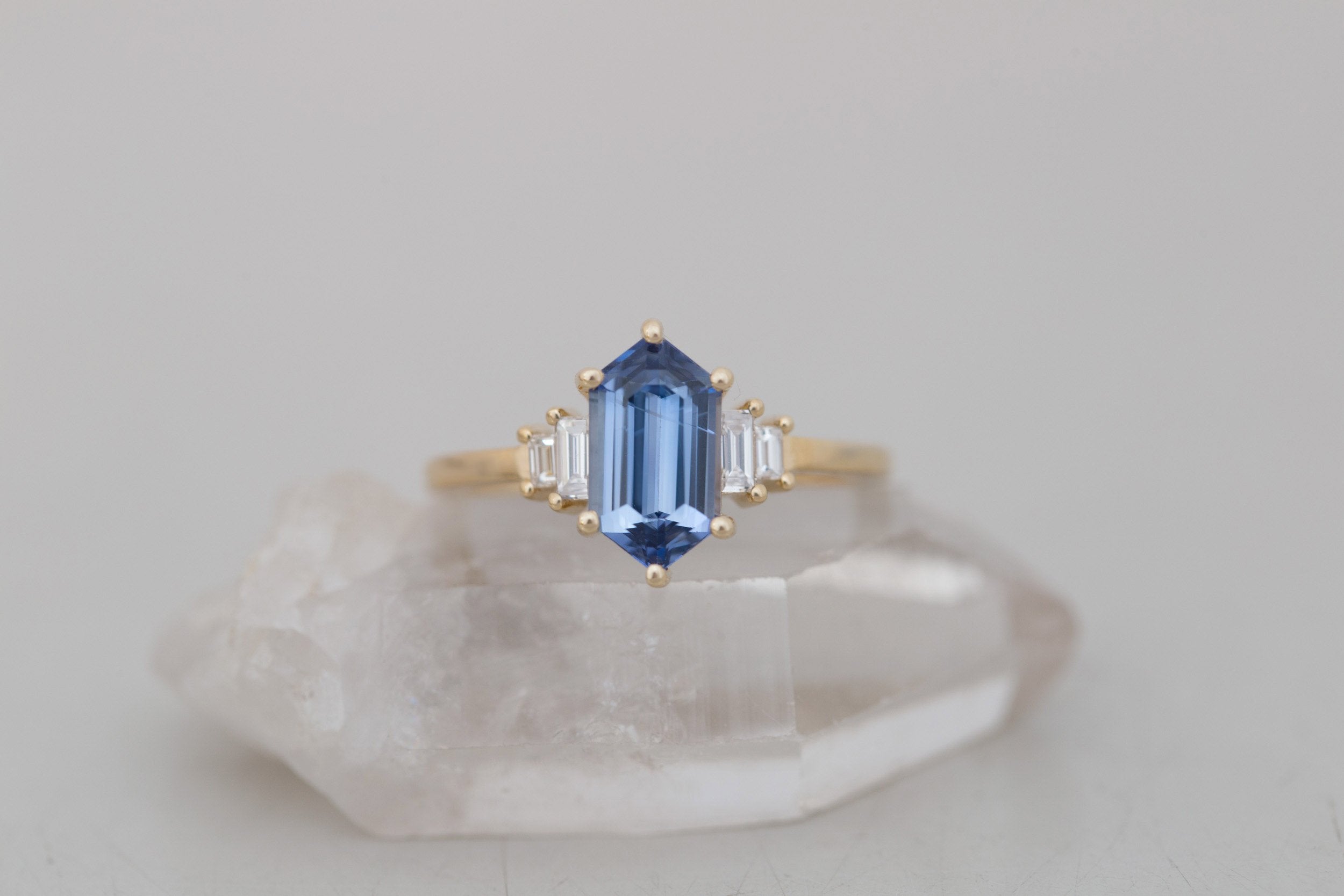 Ash Ring | Blue Hexagonal Sapphire + Diamond Baguette Engagement Ring 2.03 ct | 14k Recycled Gold | One of a Kind