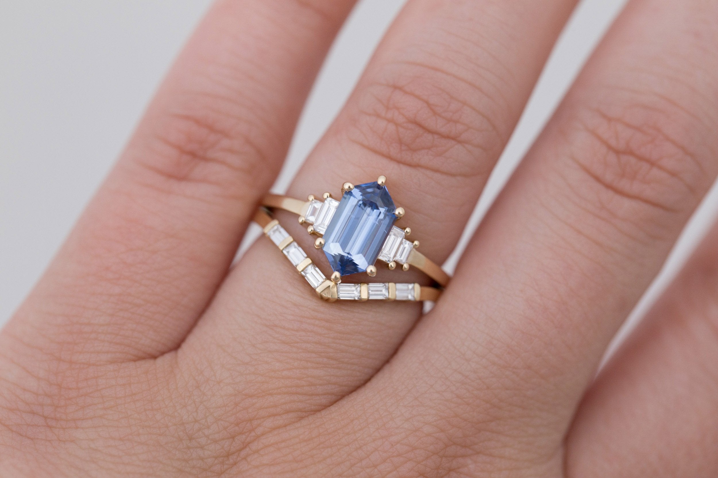 Ash Ring | Blue Hexagonal Sapphire + Diamond Baguette Engagement Ring 2.03 ct | 14k Recycled Gold | One of a Kind