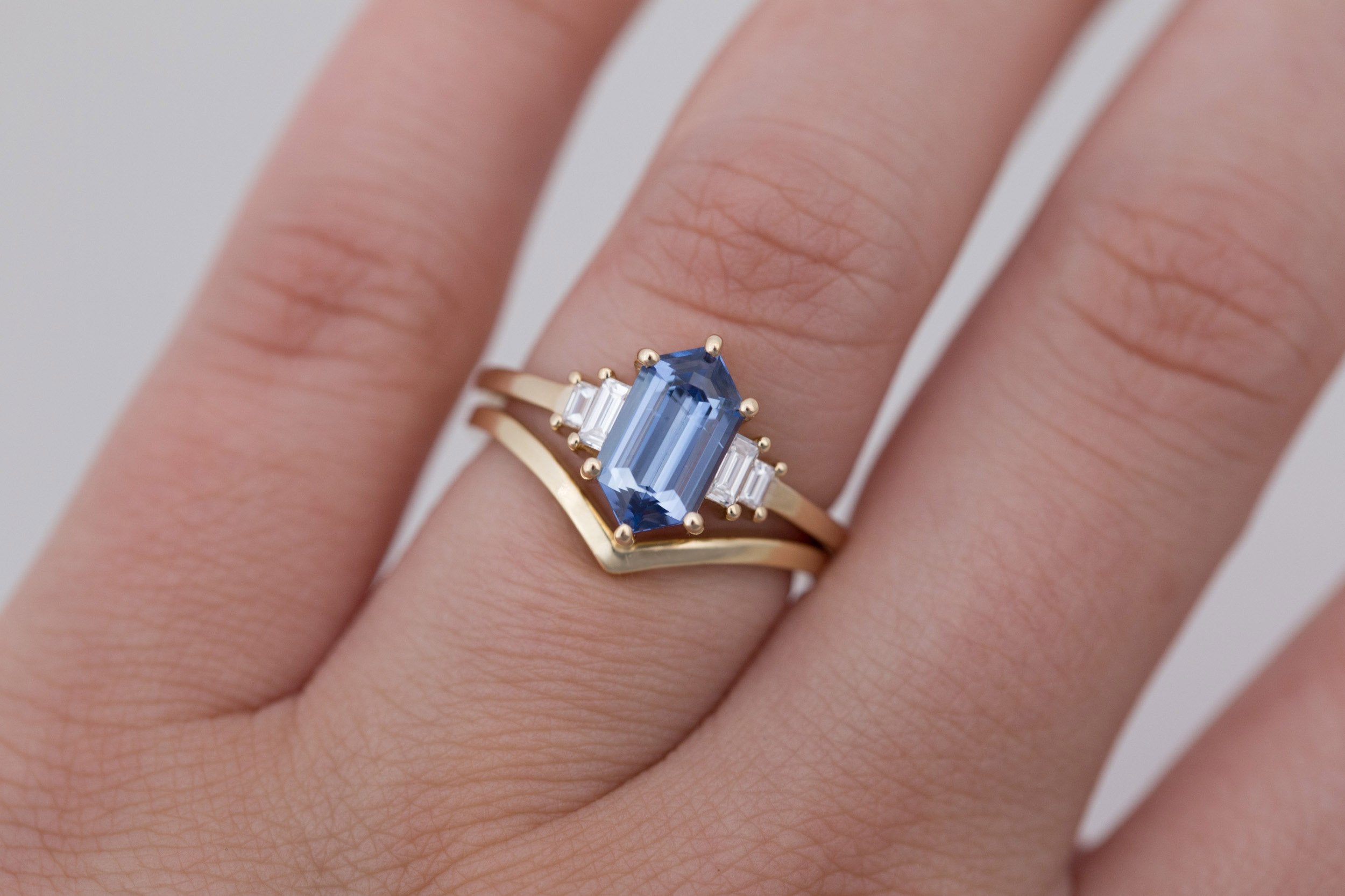 Ash Ring | Blue Hexagonal Sapphire + Diamond Baguette Engagement Ring 2.03 ct | 14k Recycled Gold | One of a Kind