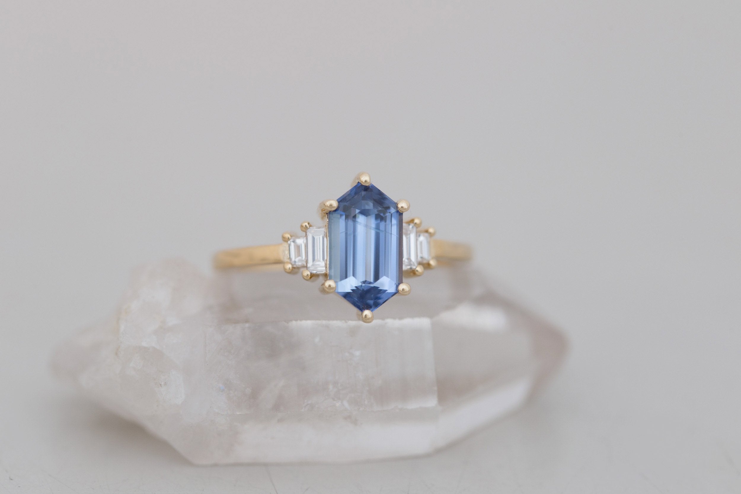 Ash Ring | Blue Hexagonal Sapphire + Diamond Baguette Engagement Ring 2.03 ct | 14k Recycled Gold | One of a Kind