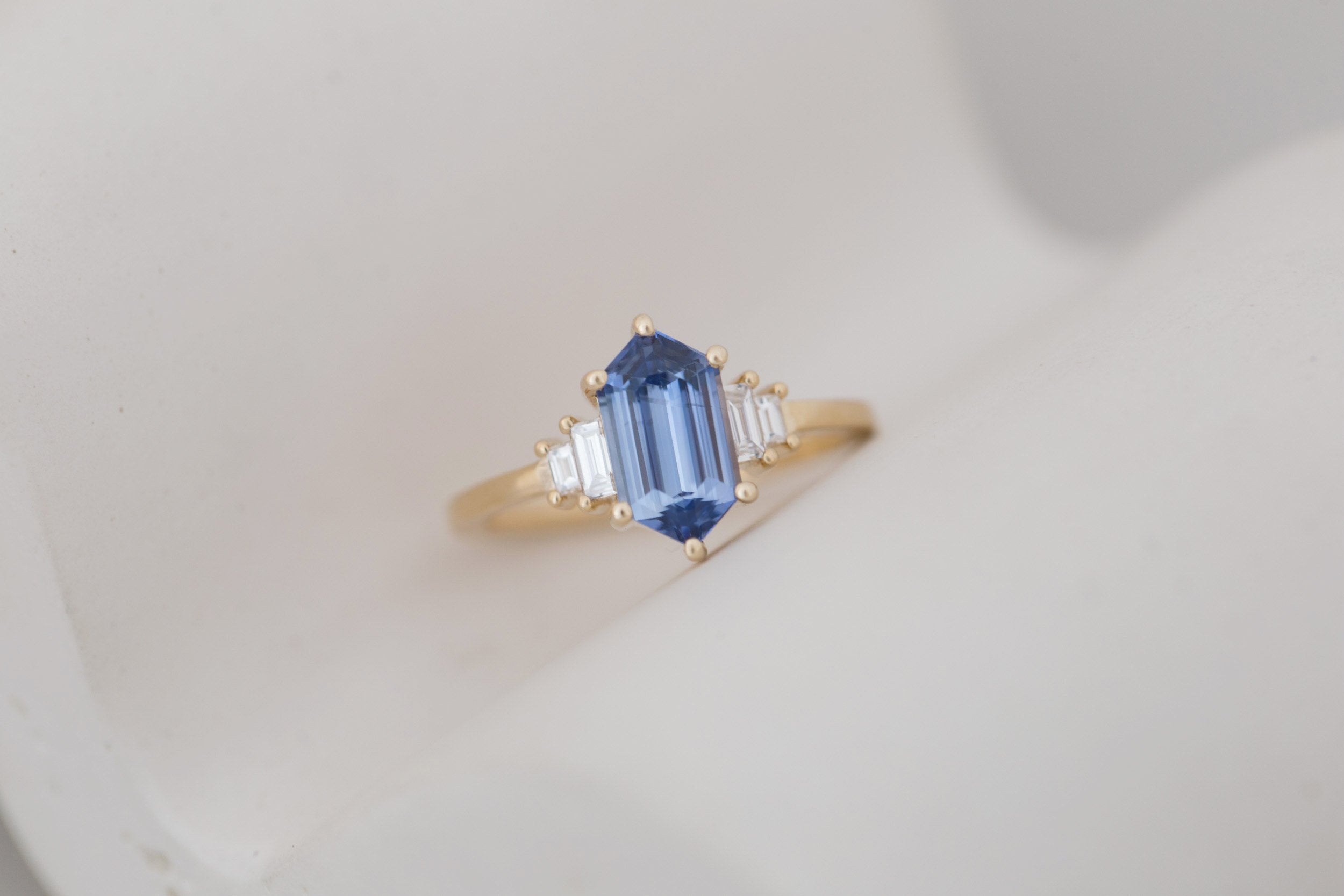 Ash Ring | Blue Hexagonal Sapphire + Diamond Baguette Engagement Ring 2.03 ct | 14k Recycled Gold | One of a Kind
