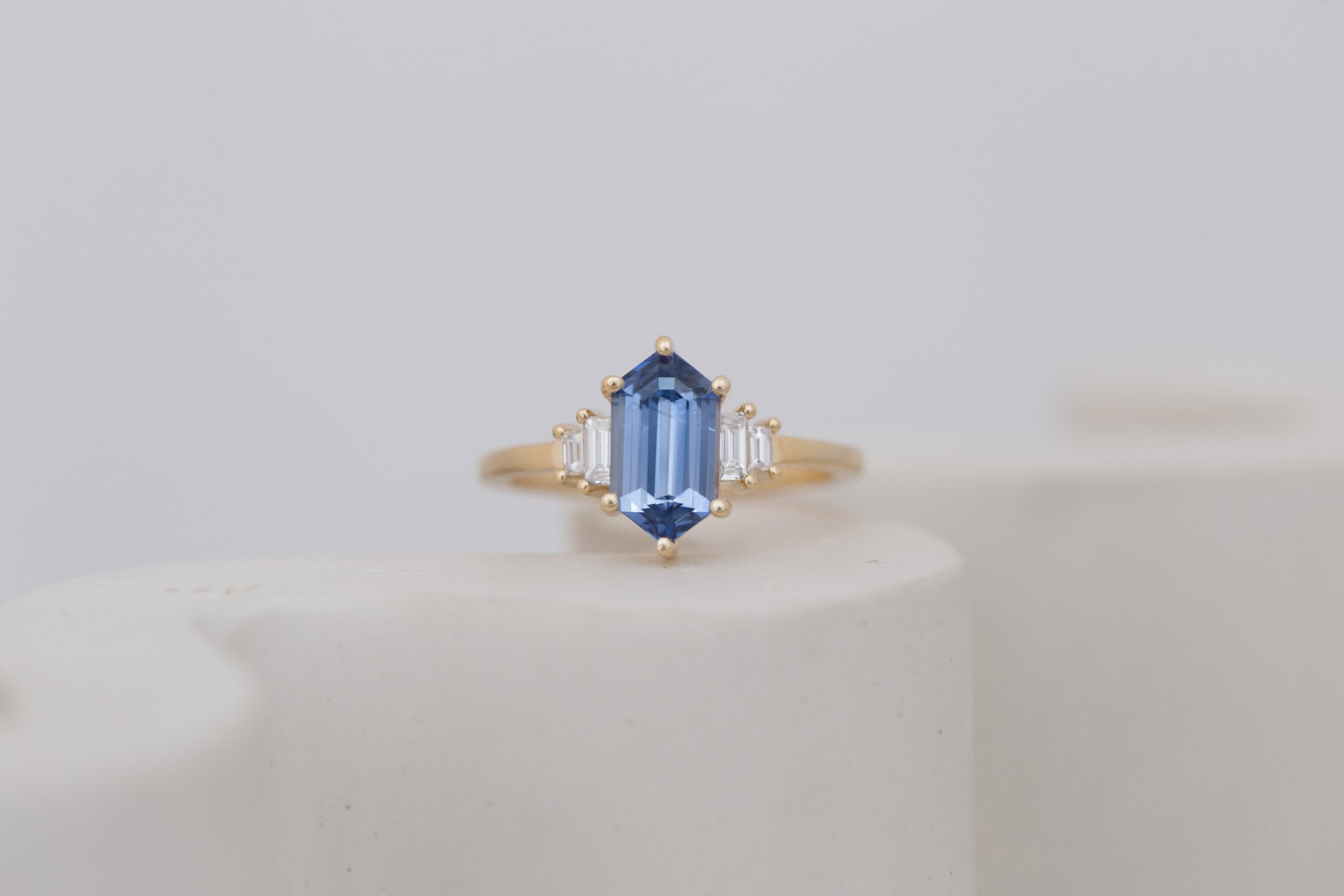 Ash Ring | Blue Hexagonal Sapphire + Diamond Baguette Engagement Ring 2.03 ct | 14k Recycled Gold | One of a Kind