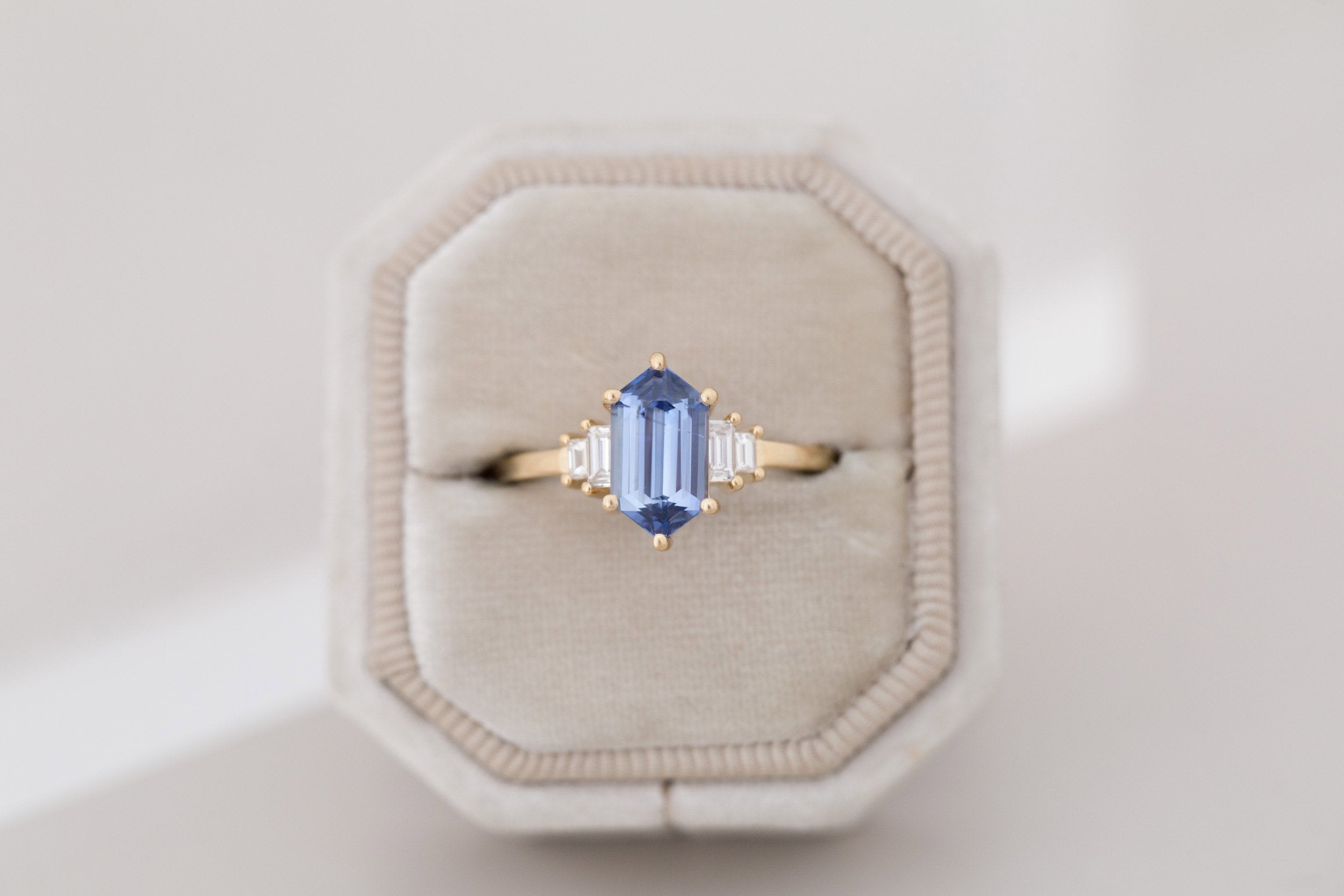Ash Ring | Blue Hexagonal Sapphire + Diamond Baguette Engagement Ring 2.03 ct | 14k Recycled Gold | One of a Kind