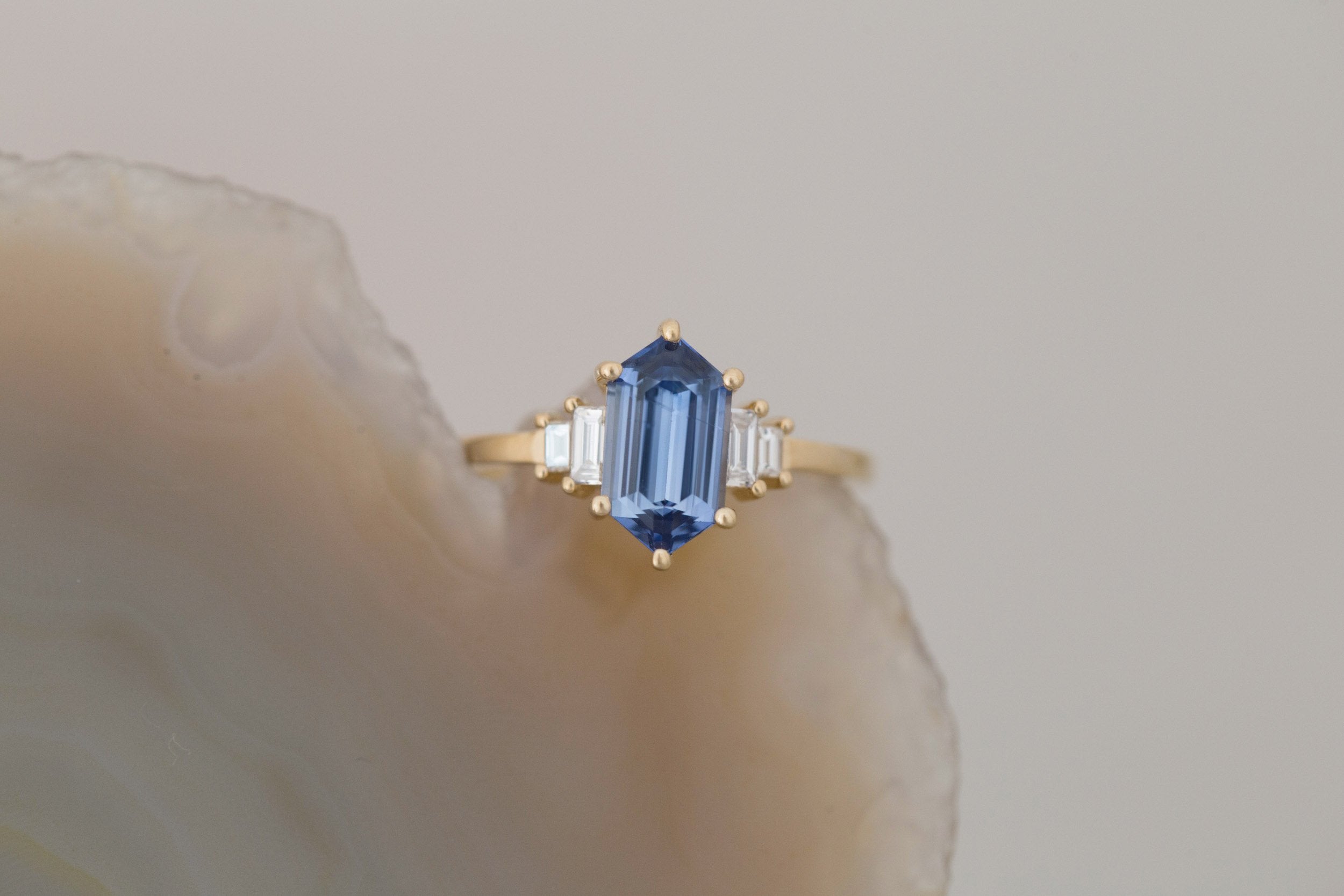 Ash Ring | Blue Hexagonal Sapphire + Diamond Baguette Engagement Ring 2.03 ct | 14k Recycled Gold | One of a Kind