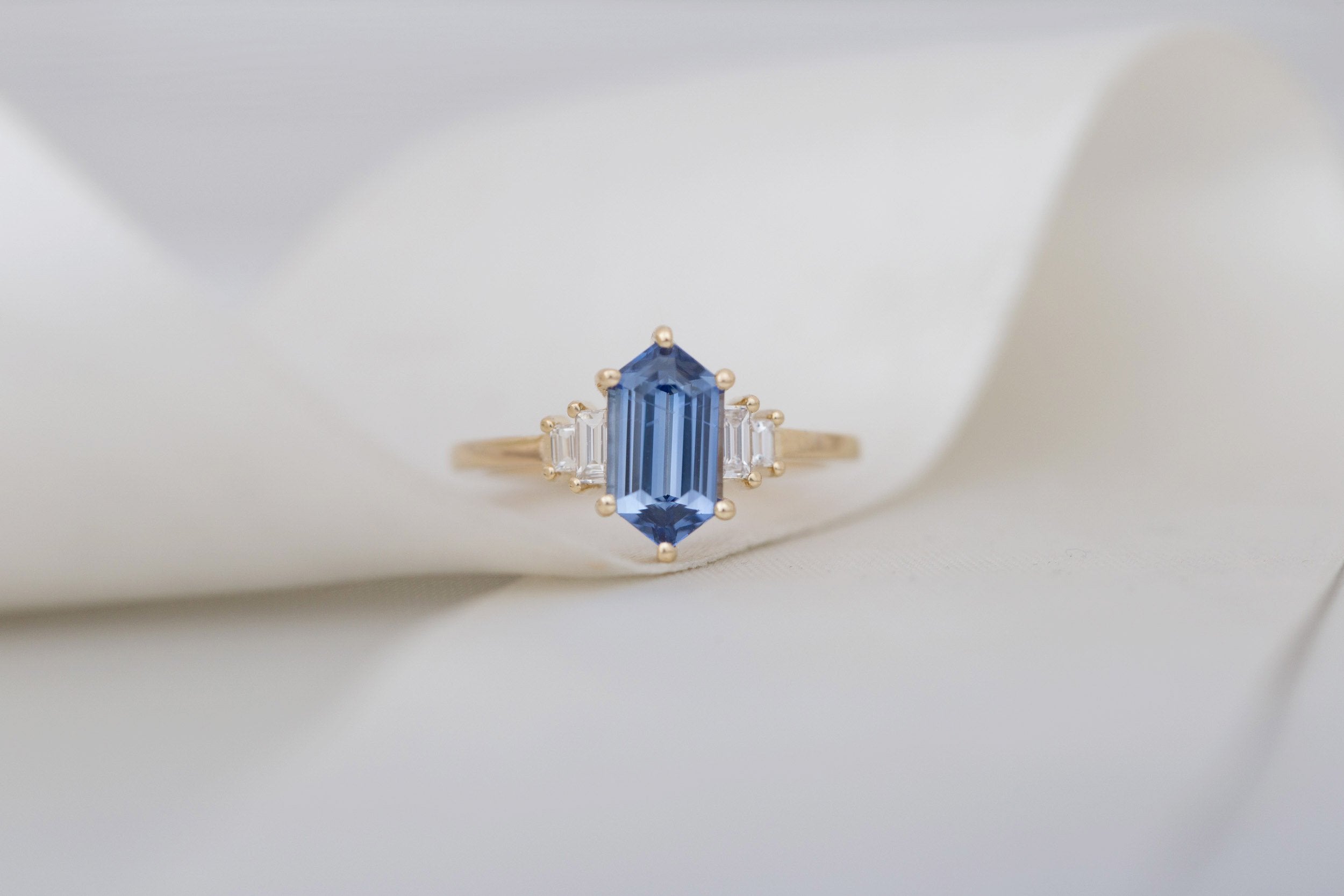 Ash Ring | Blue Hexagonal Sapphire + Diamond Baguette Engagement Ring 2.03 ct | 14k Recycled Gold | One of a Kind