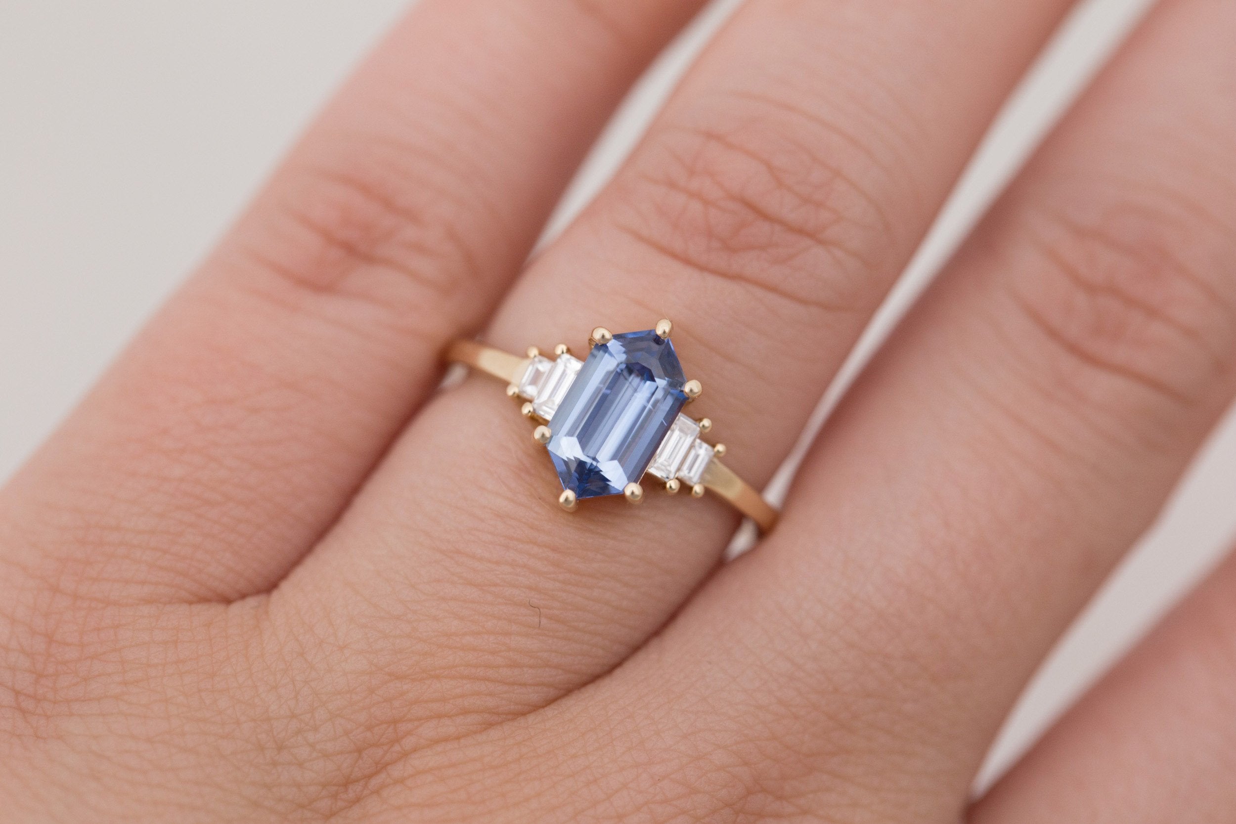 Ash Ring | Blue Hexagonal Sapphire + Diamond Baguette Engagement Ring 2.03 ct | 14k Recycled Gold | One of a Kind