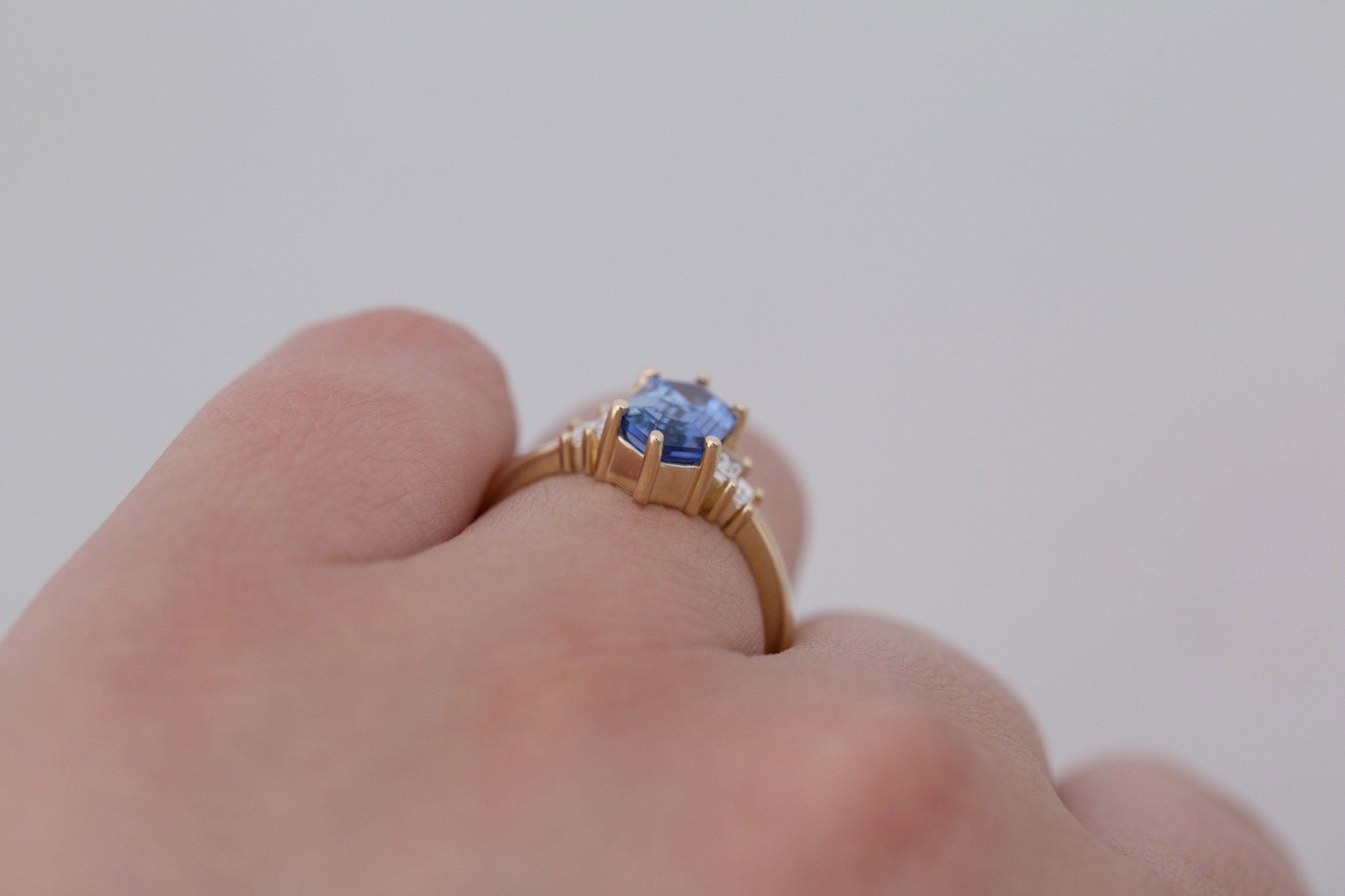 Ash Ring | Blue Hexagonal Sapphire + Diamond Baguette Engagement Ring 2.03 ct | 14k Recycled Gold | One of a Kind