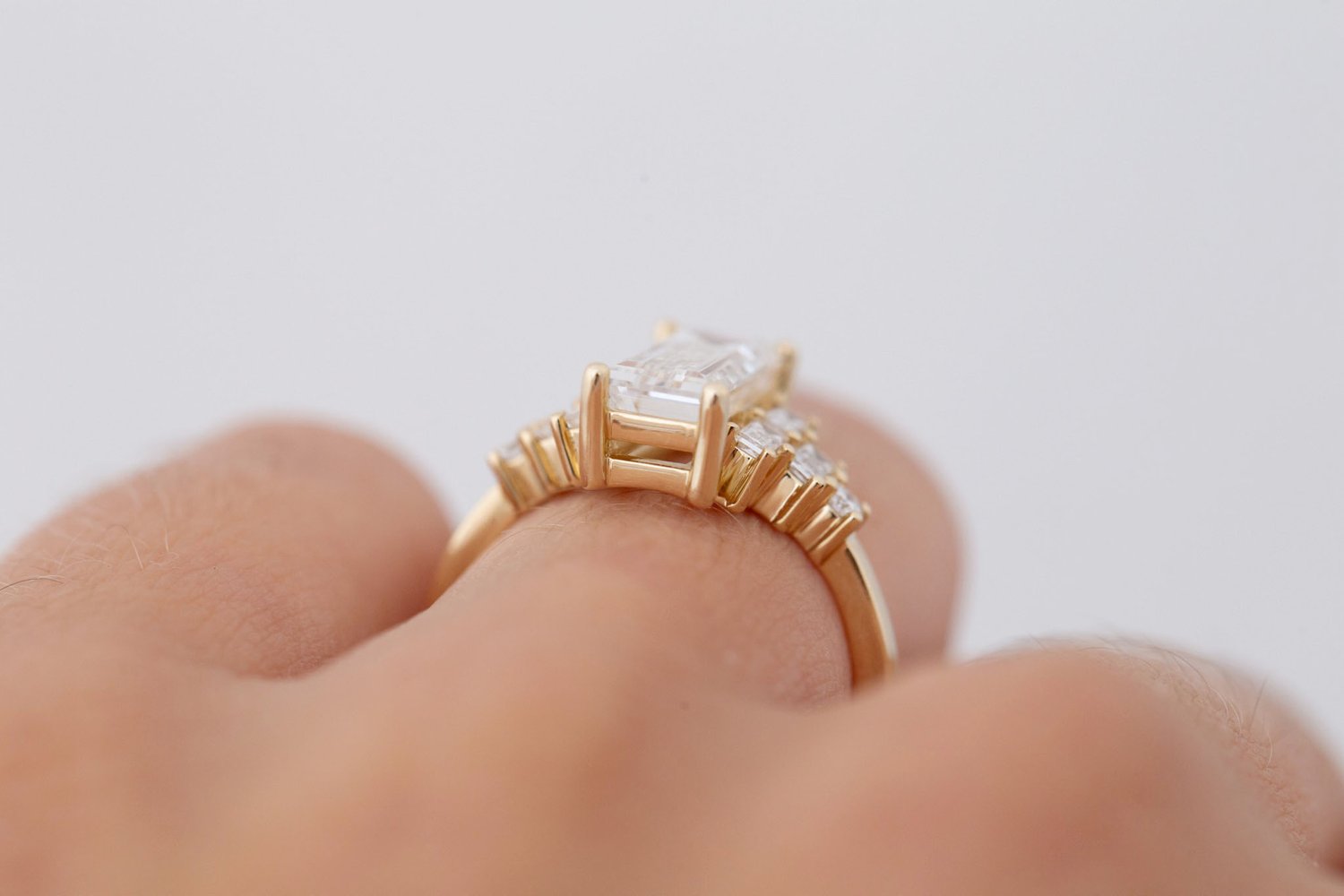 Delta Ring | Lab Baguette Cut Diamond + Diamond Cluster Engagement Ring 2.03 ct | 14k Recycled Gold | One of a Kind