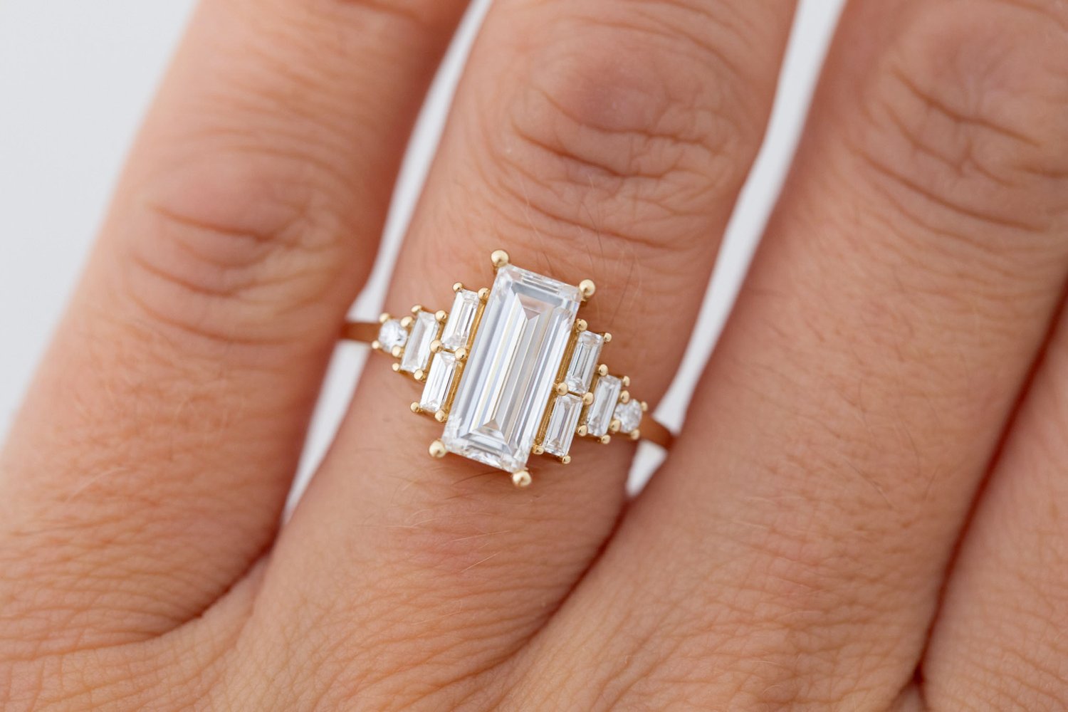 Delta Ring | Lab Baguette Cut Diamond + Diamond Cluster Engagement Ring 2.03 ct | 14k Recycled Gold | One of a Kind