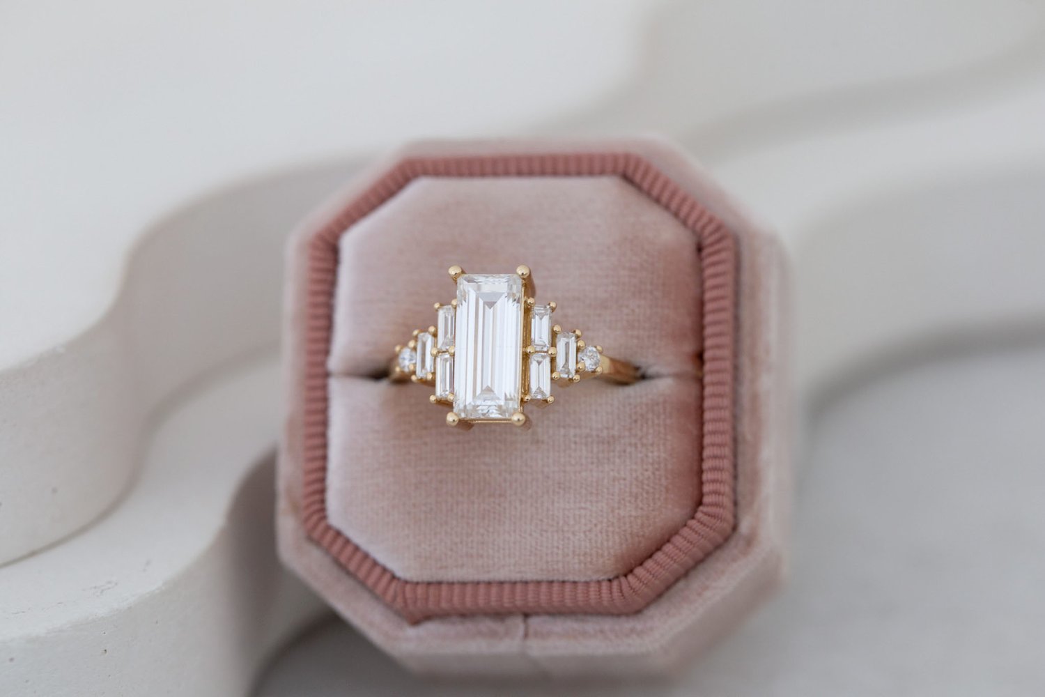 Delta Ring | Lab Baguette Cut Diamond + Diamond Cluster Engagement Ring 2.03 ct | 14k Recycled Gold | One of a Kind