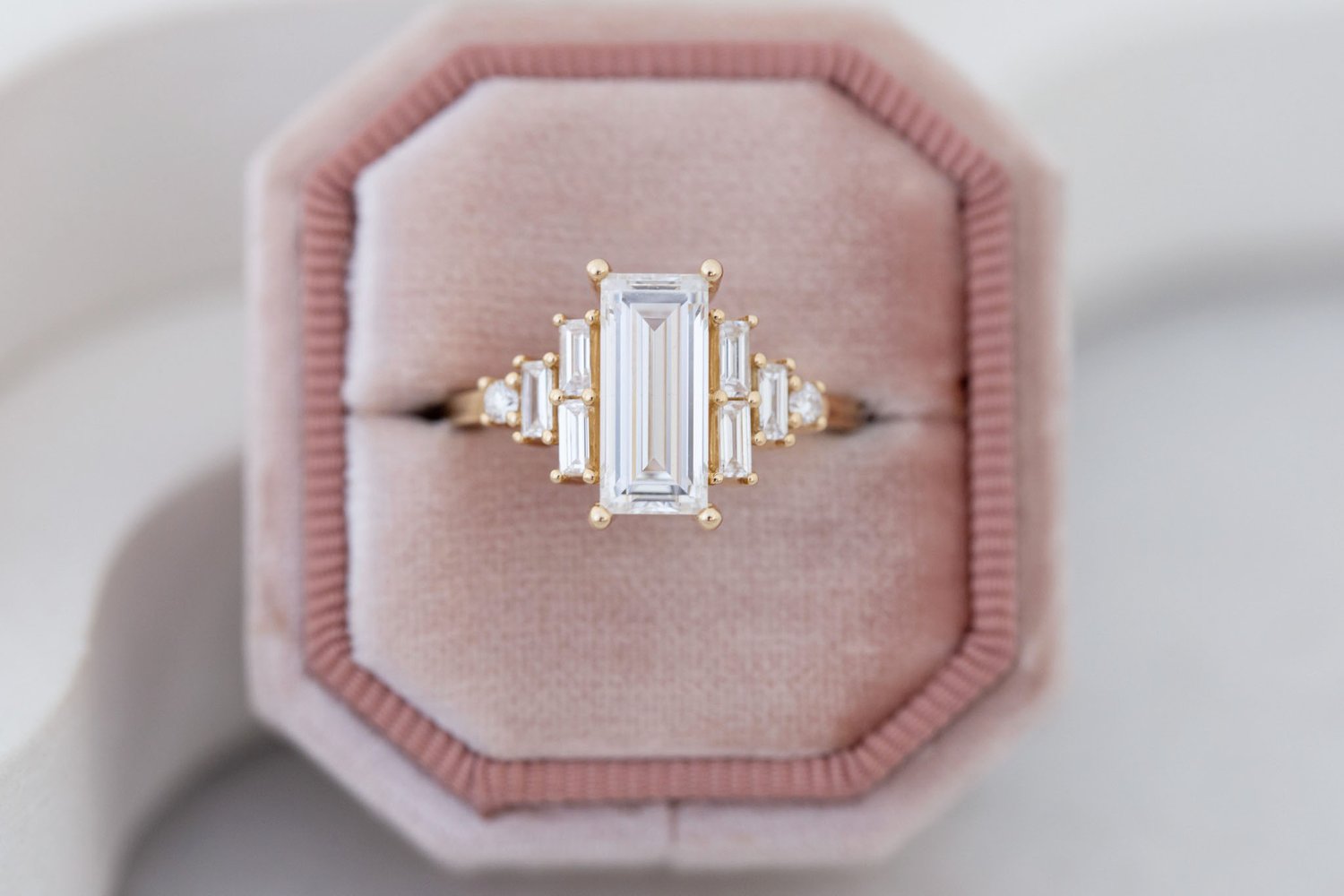 Delta Ring | Lab Baguette Cut Diamond + Diamond Cluster Engagement Ring 2.03 ct | 14k Recycled Gold | One of a Kind