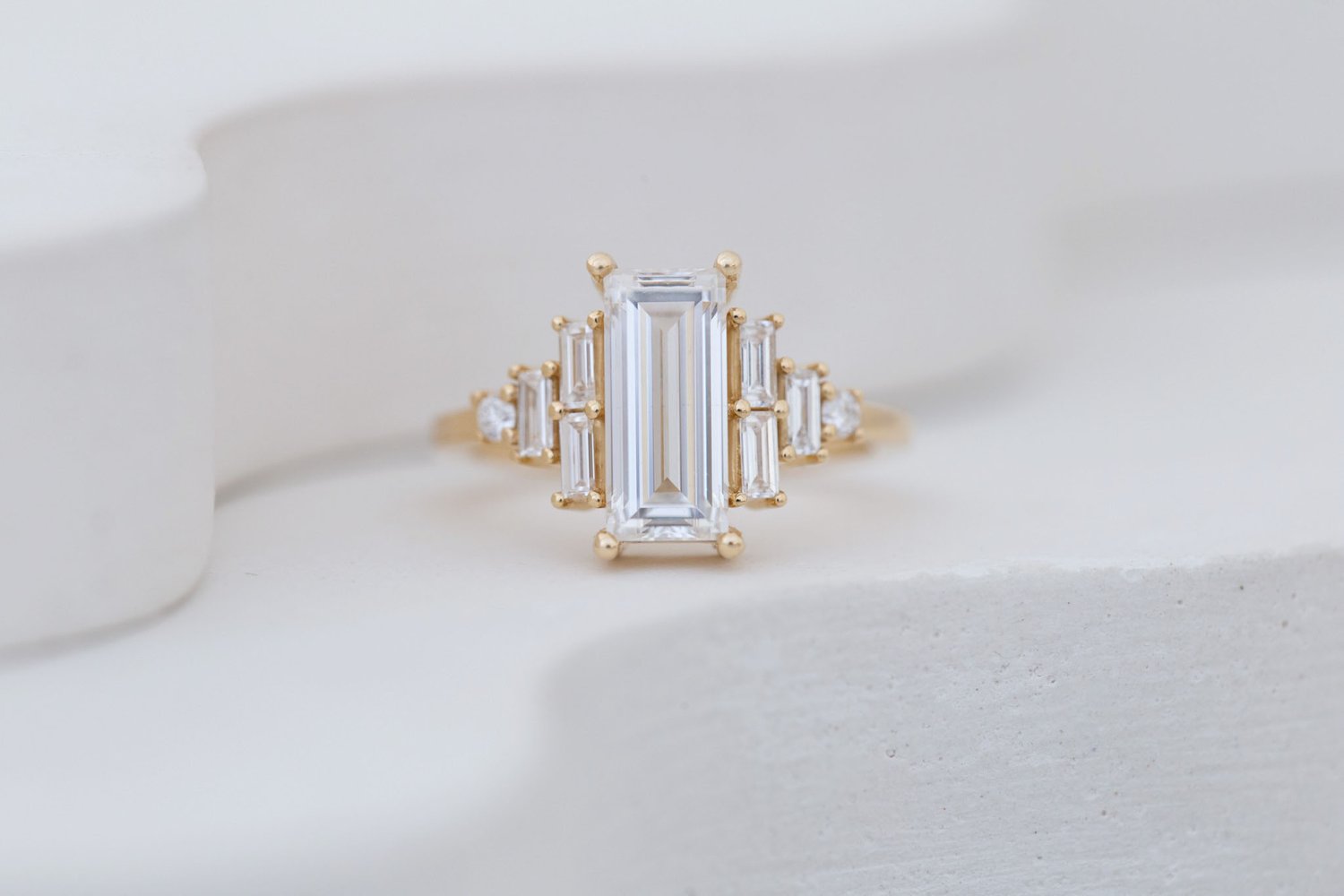 Delta Ring | Lab Baguette Cut Diamond + Diamond Cluster Engagement Ring 2.03 ct | 14k Recycled Gold | One of a Kind