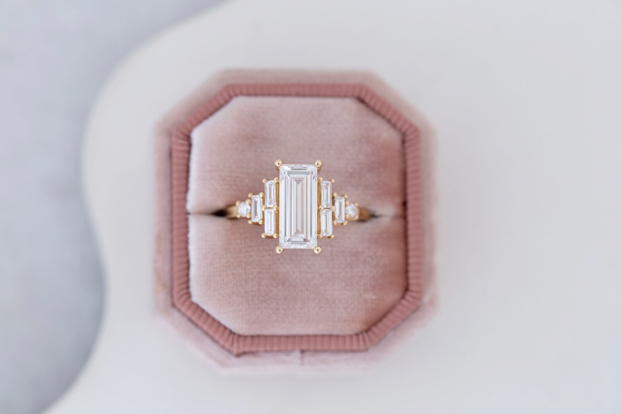 Delta Ring | Lab Baguette Cut Diamond + Diamond Cluster Engagement Ring 2.03 ct | 14k Recycled Gold | One of a Kind