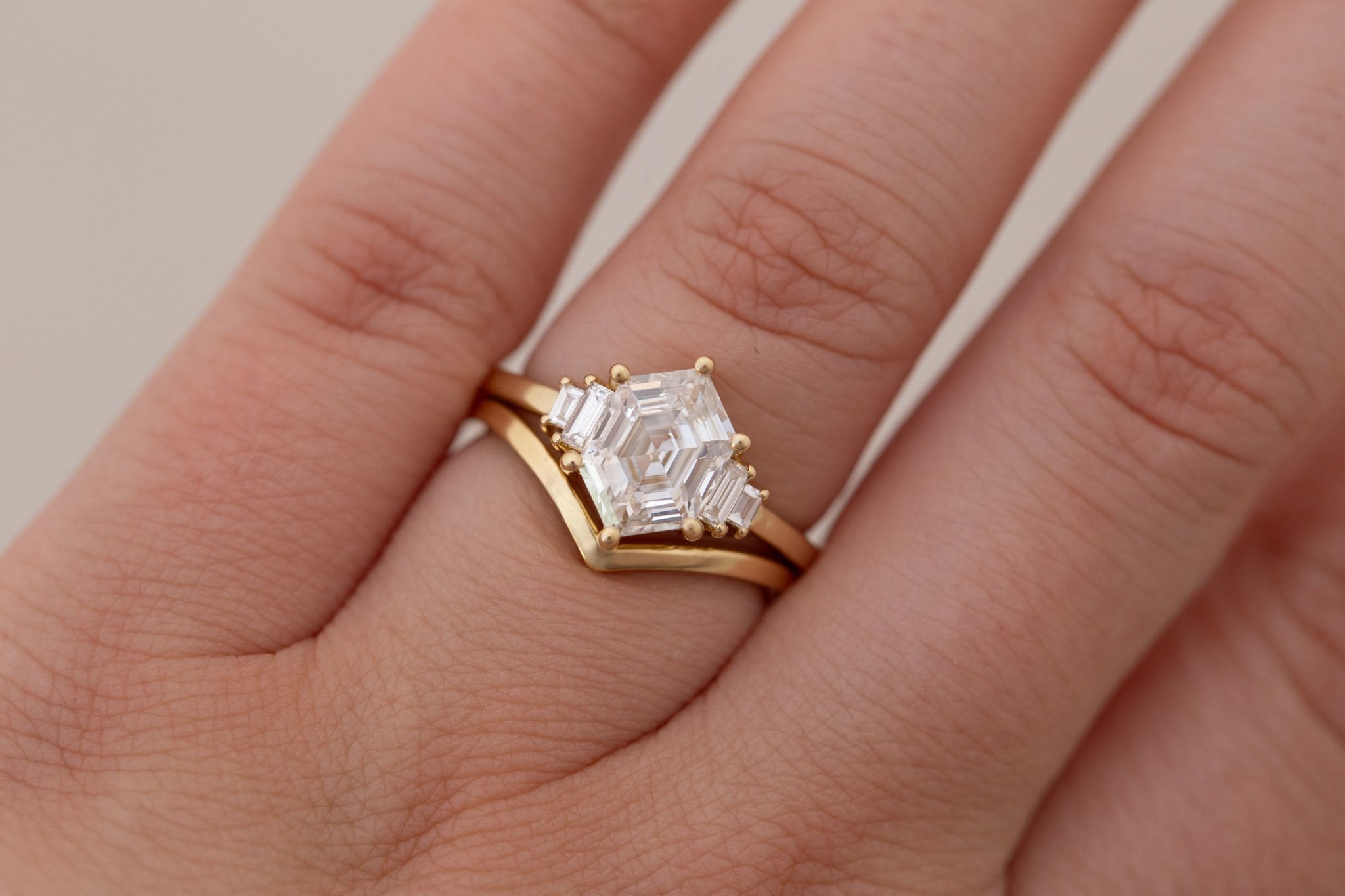 Ash Ring | Lab Hexagonal Cut Diamond + Lab Diamond Baguette Engagement Ring 2.04 ct | 14k Recycled Gold | One of a Kind