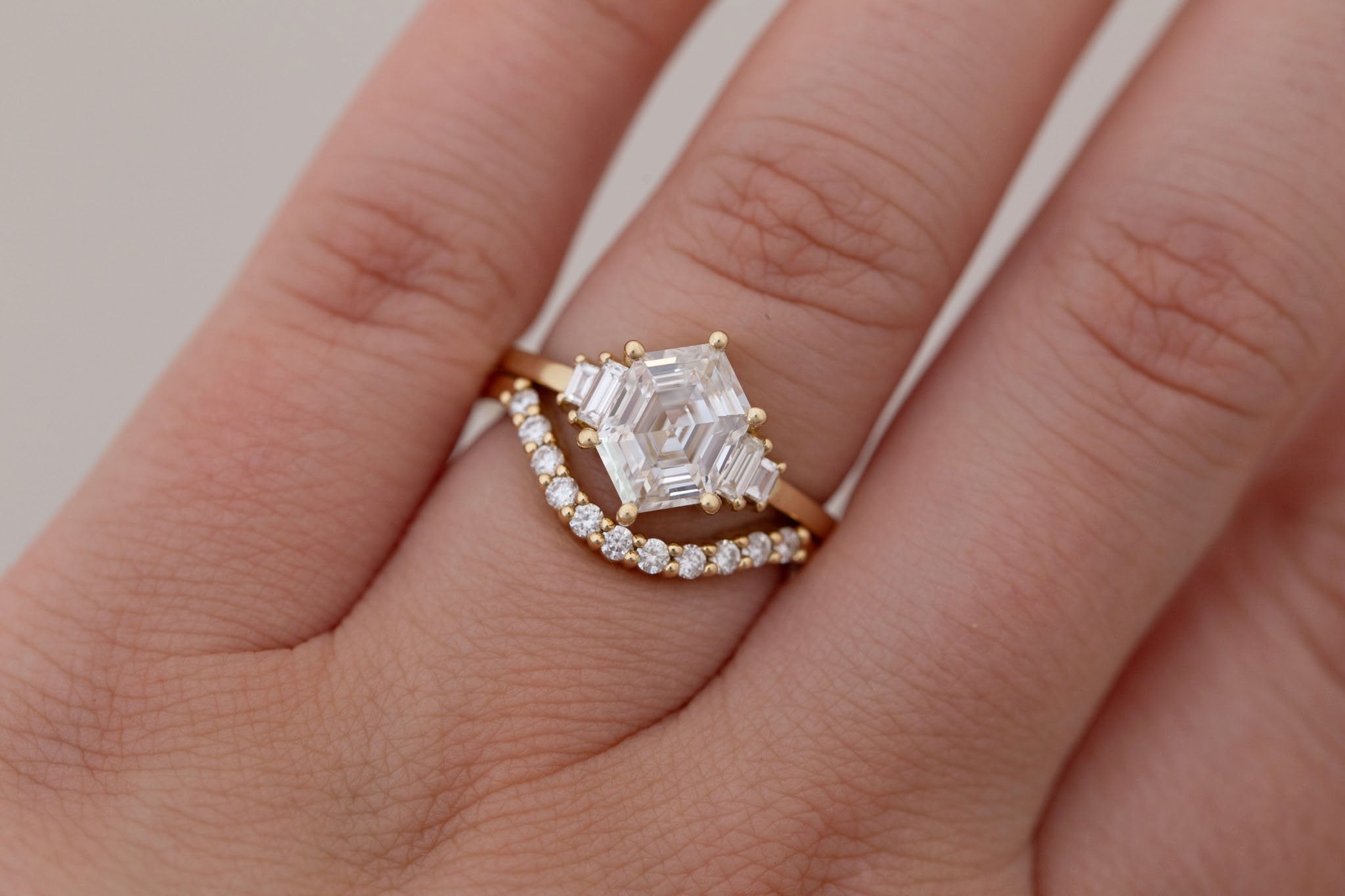 Ash Ring | Lab Hexagonal Cut Diamond + Lab Diamond Baguette Engagement Ring 2.04 ct | 14k Recycled Gold | One of a Kind