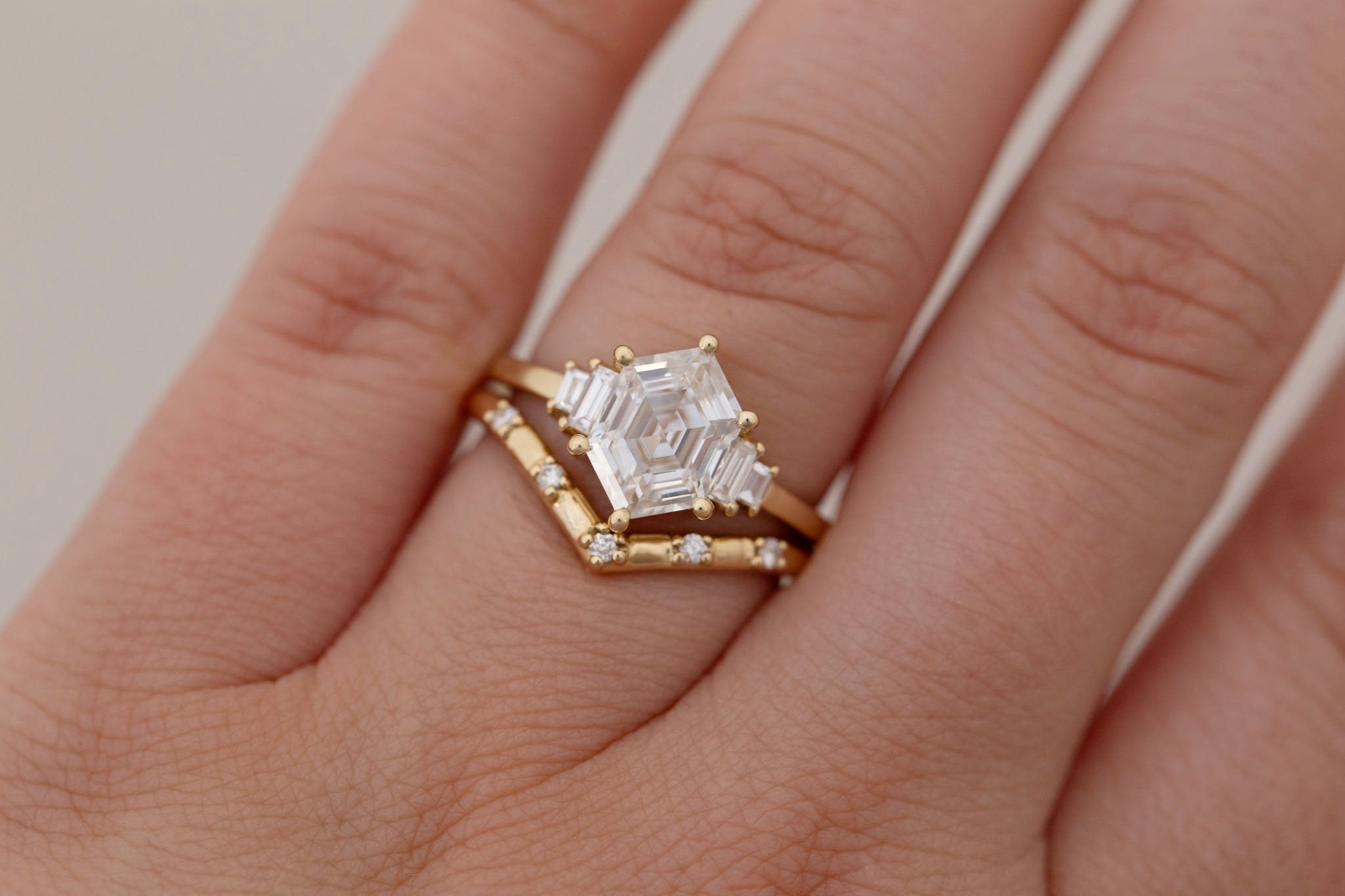 Ash Ring | Lab Hexagonal Cut Diamond + Lab Diamond Baguette Engagement Ring 2.04 ct | 14k Recycled Gold | One of a Kind