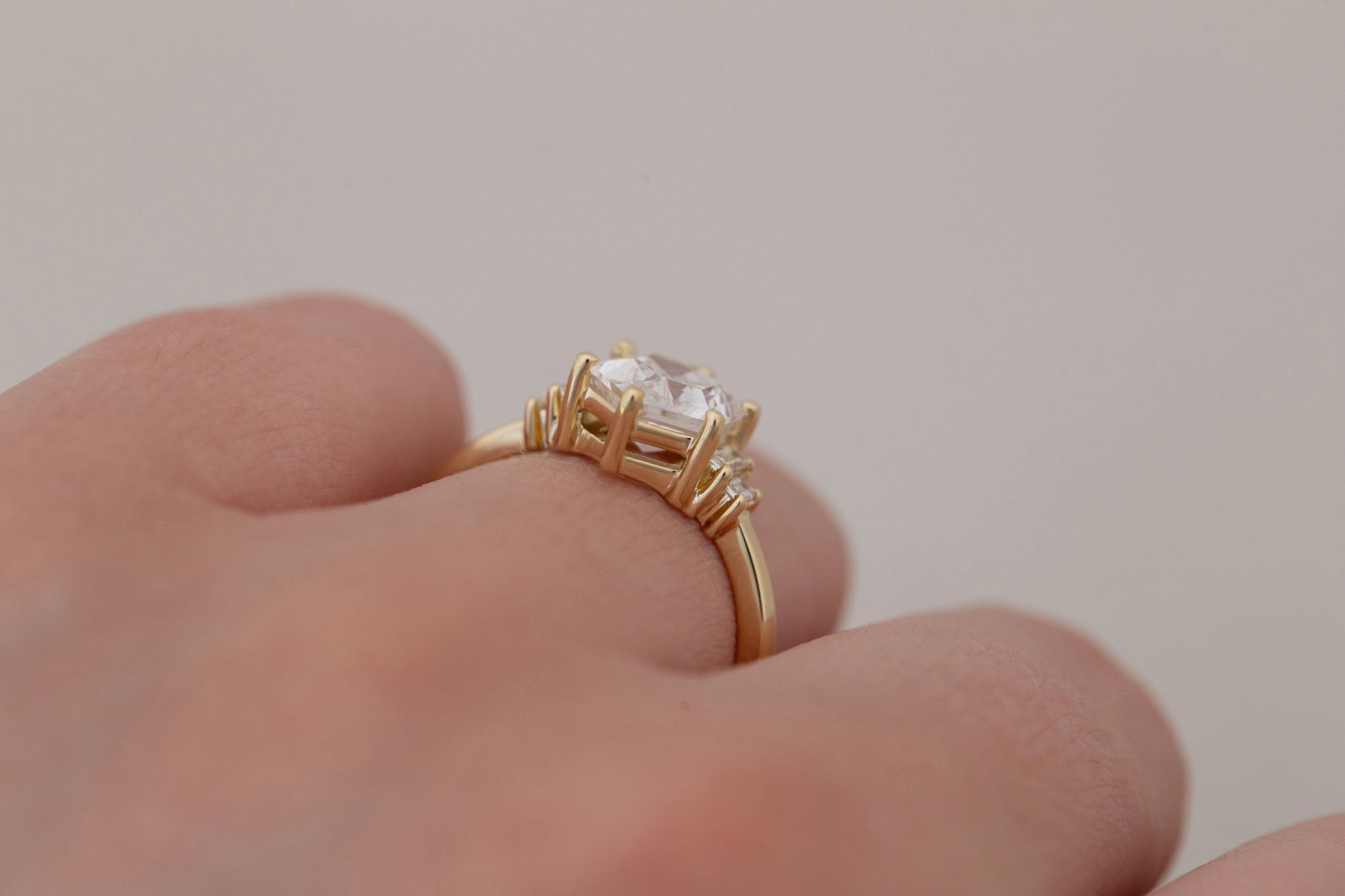 Ash Ring | Lab Hexagonal Cut Diamond + Lab Diamond Baguette Engagement Ring 2.04 ct | 14k Recycled Gold | One of a Kind