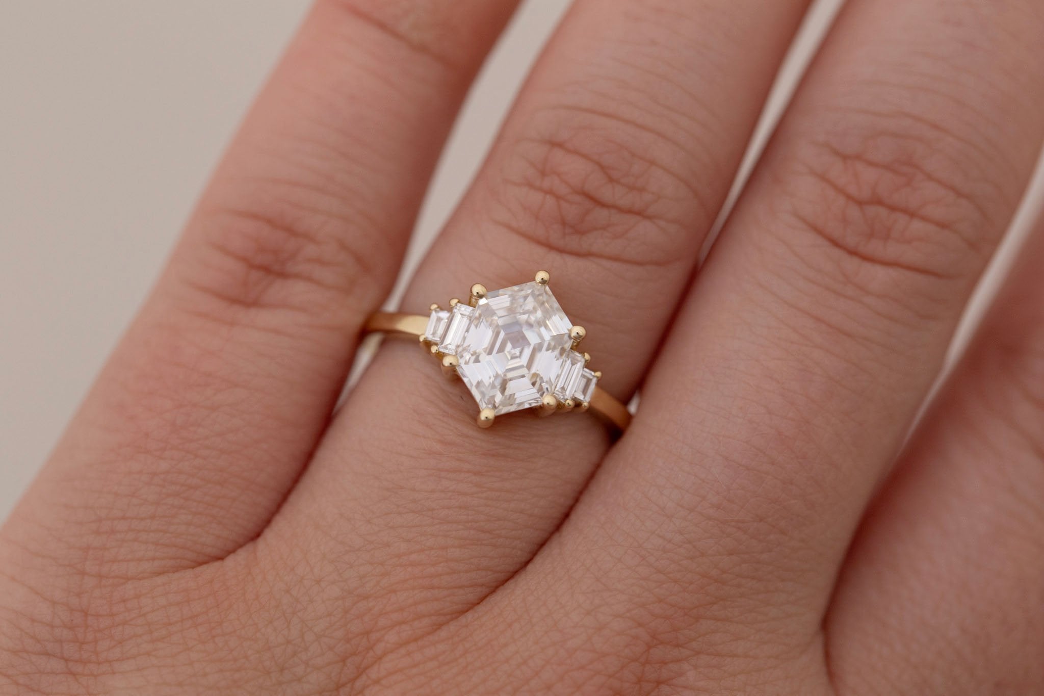 Ash Ring | Lab Hexagonal Cut Diamond + Lab Diamond Baguette Engagement Ring 2.04 ct | 14k Recycled Gold | One of a Kind