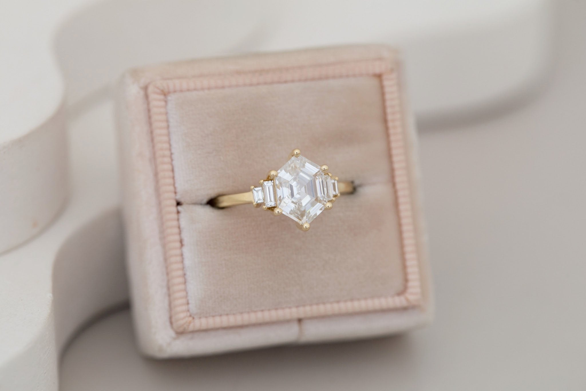Ash Ring | Lab Hexagonal Cut Diamond + Lab Diamond Baguette Engagement Ring 2.04 ct | 14k Recycled Gold | One of a Kind