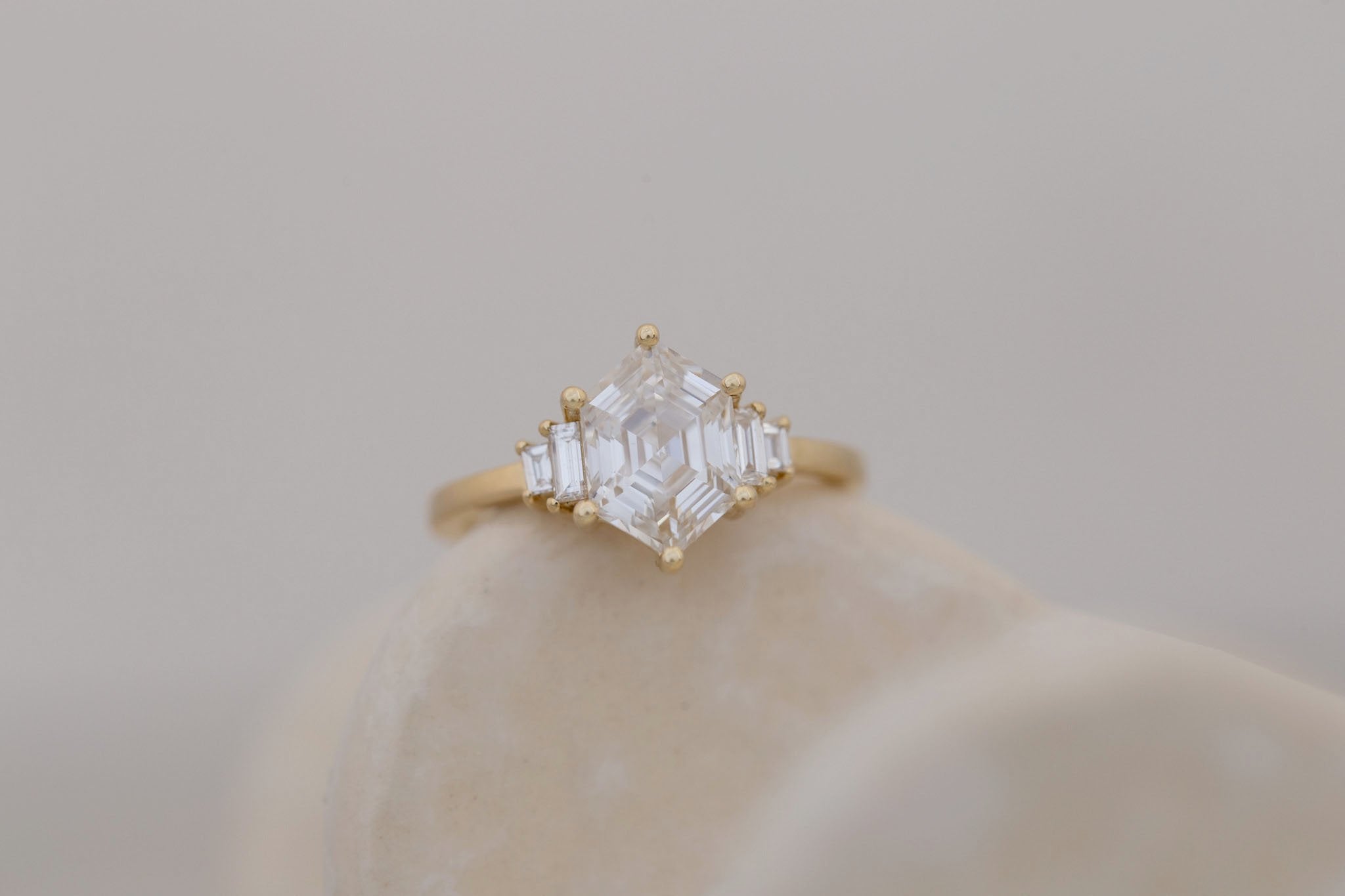 Ash Ring | Lab Hexagonal Cut Diamond + Lab Diamond Baguette Engagement Ring 2.04 ct | 14k Recycled Gold | One of a Kind