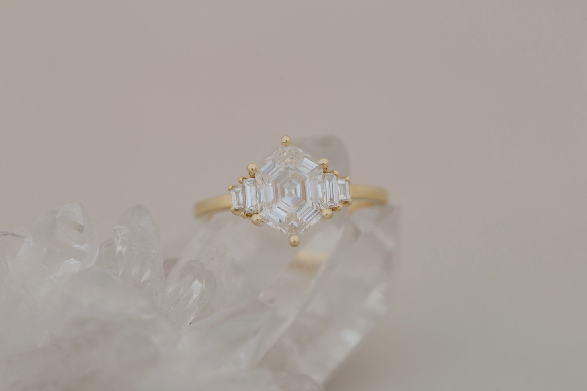 Ash Ring | Lab Hexagonal Cut Diamond + Lab Diamond Baguette Engagement Ring 2.04 ct | 14k Recycled Gold | One of a Kind