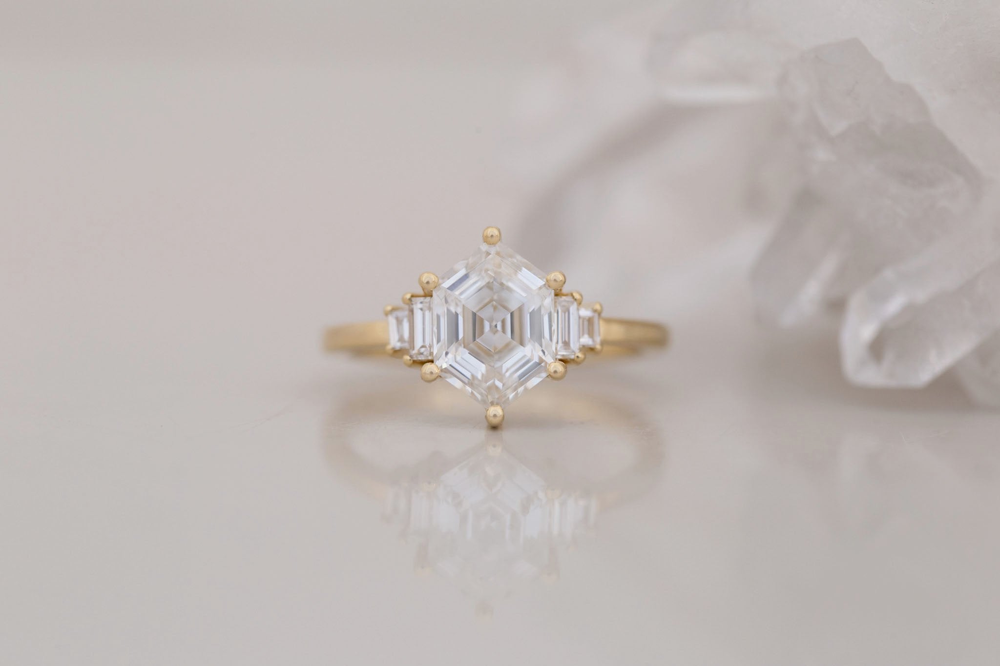 Ash Ring | Lab Hexagonal Cut Diamond + Lab Diamond Baguette Engagement Ring 2.04 ct | 14k Recycled Gold | One of a Kind
