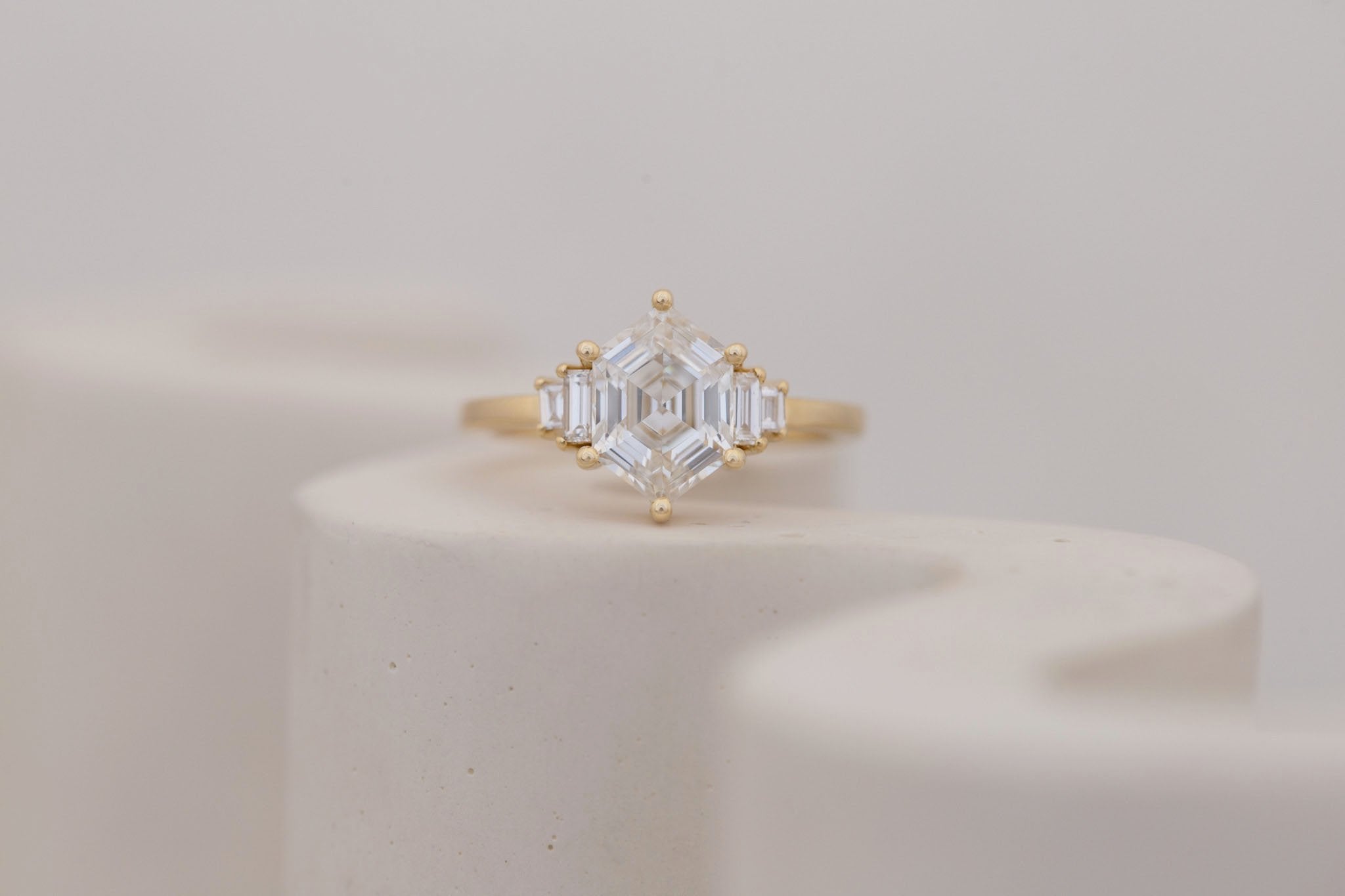 Ash Ring | Lab Hexagonal Cut Diamond + Lab Diamond Baguette Engagement Ring 2.04 ct | 14k Recycled Gold | One of a Kind