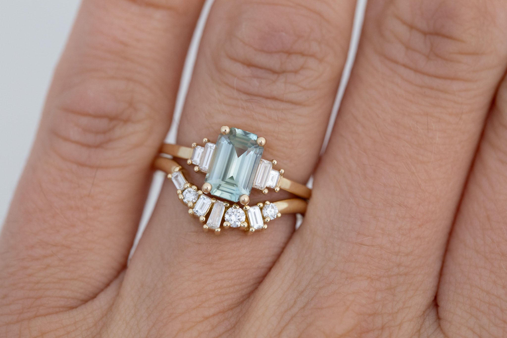 Ash Ring | Mint Green Emerald Cut Sapphire + Diamond Baguette Engagement Ring 2.04 ct | 14k Recycled Gold | One of a Kind