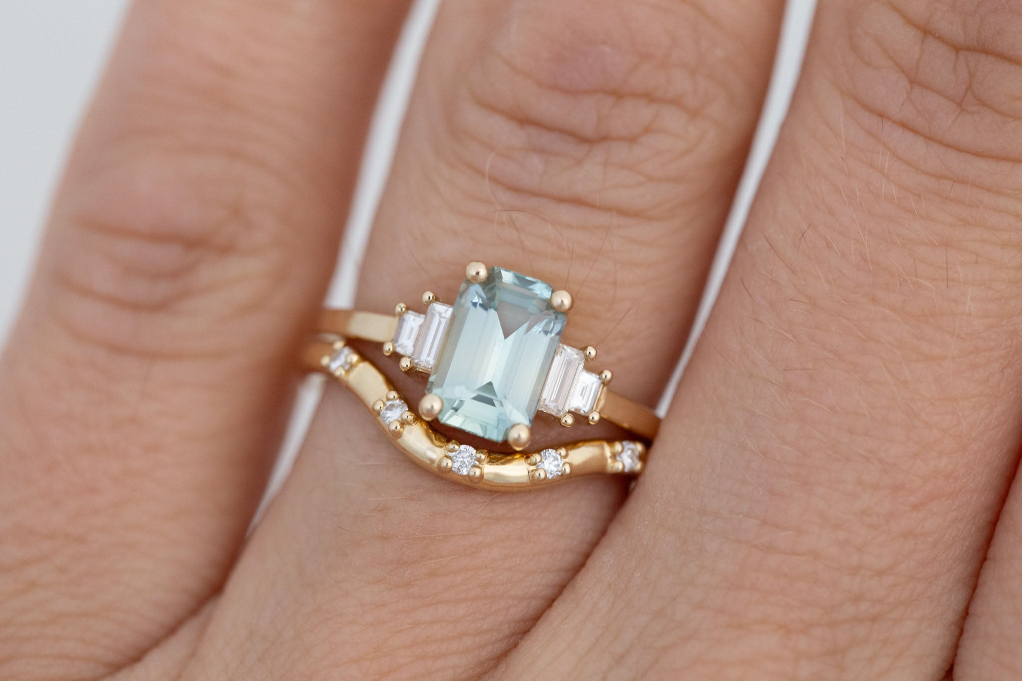 Ash Ring | Mint Green Emerald Cut Sapphire + Diamond Baguette Engagement Ring 2.04 ct | 14k Recycled Gold | One of a Kind