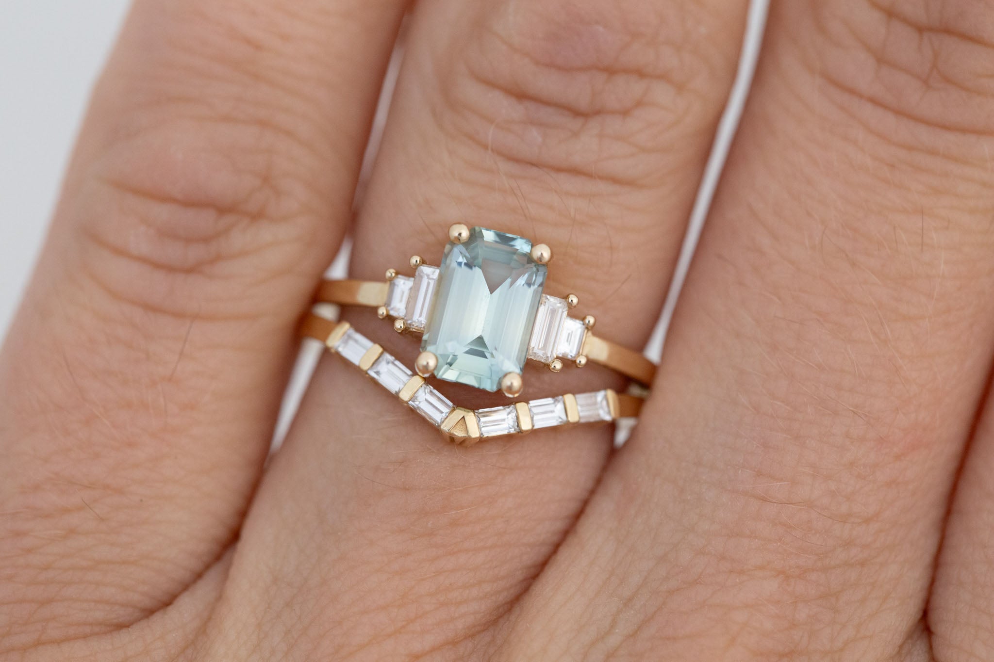 Ash Ring | Mint Green Emerald Cut Sapphire + Diamond Baguette Engagement Ring 2.04 ct | 14k Recycled Gold | One of a Kind