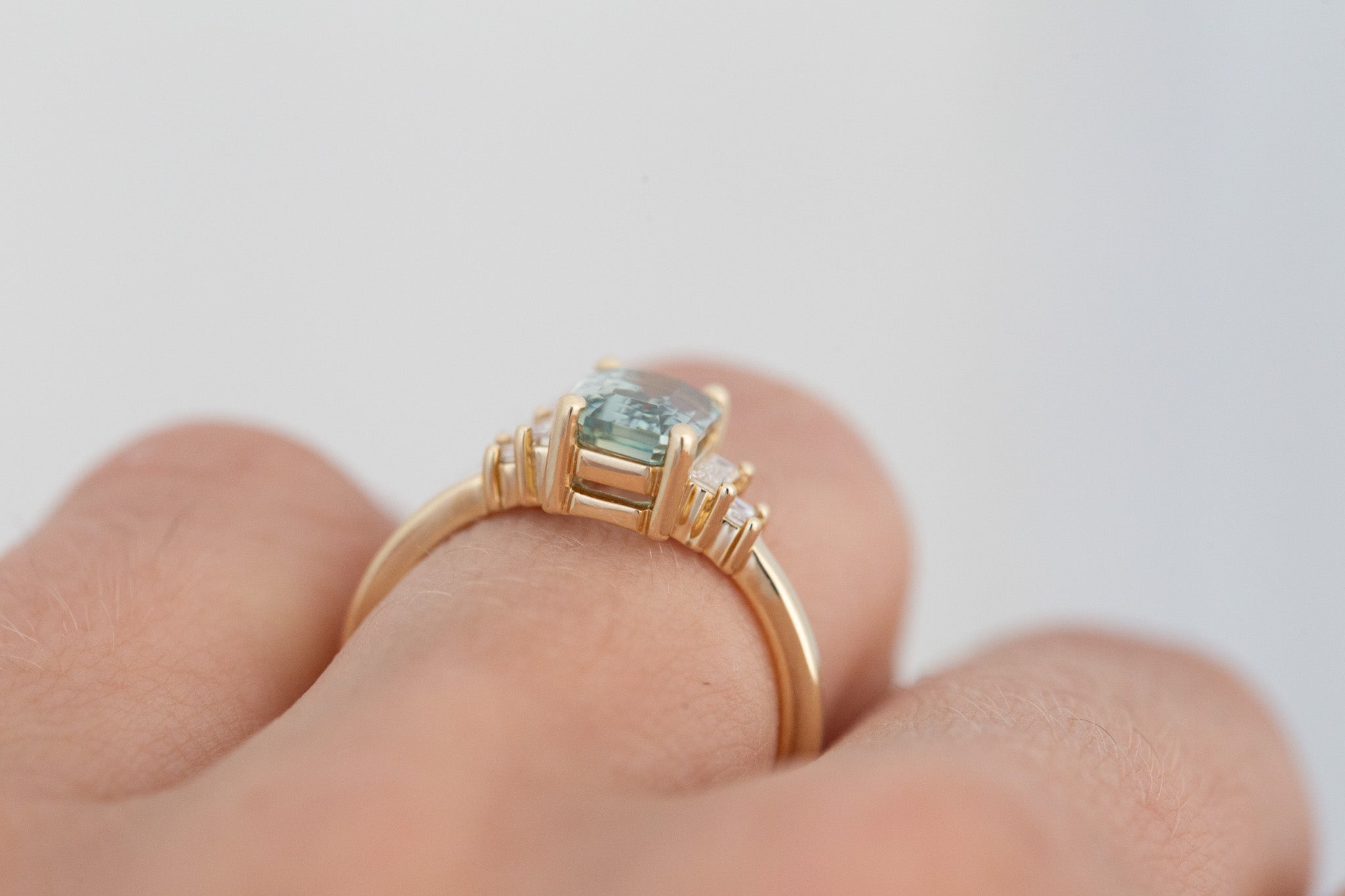 Ash Ring | Mint Green Emerald Cut Sapphire + Diamond Baguette Engagement Ring 2.04 ct | 14k Recycled Gold | One of a Kind