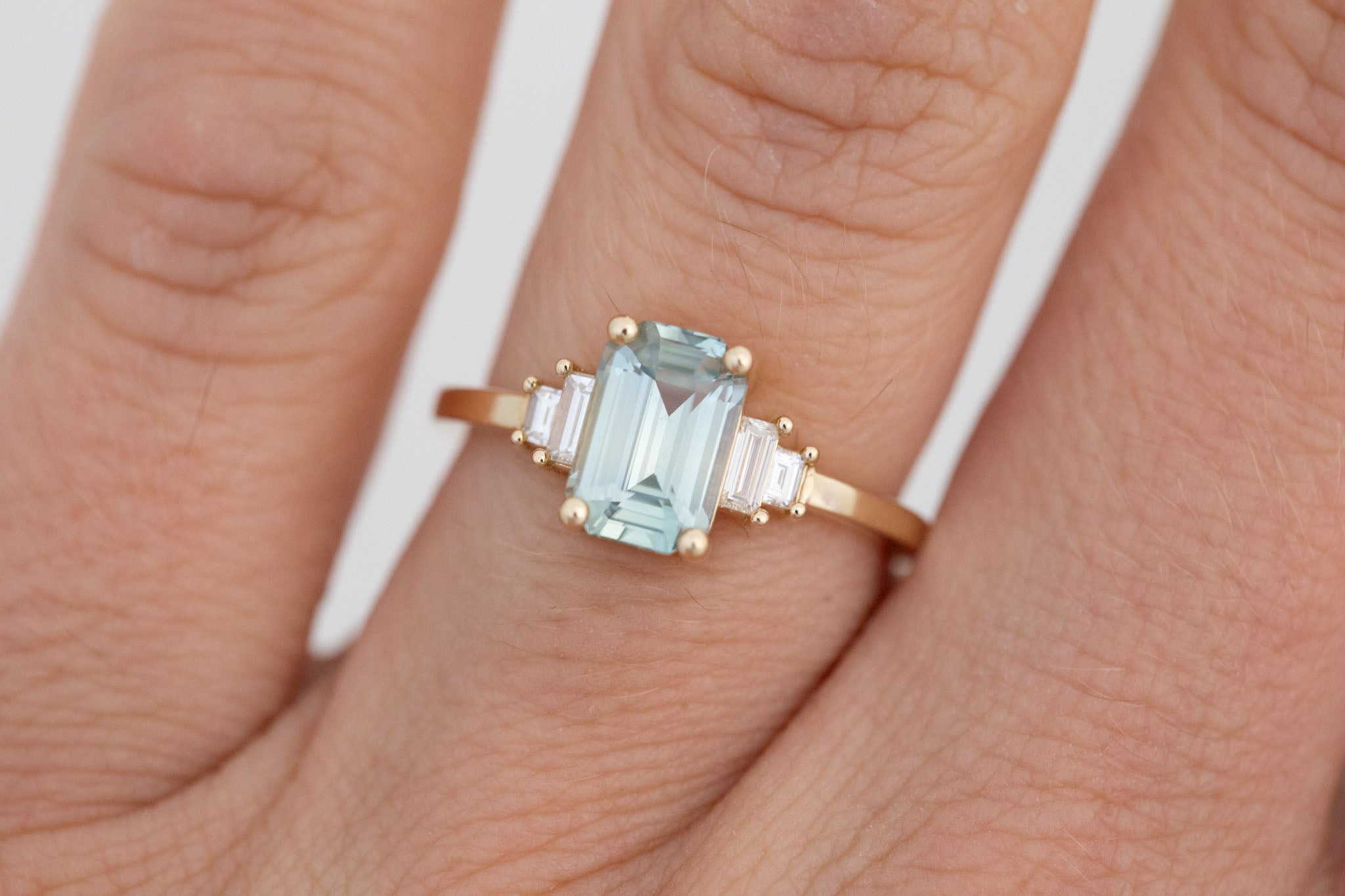 Ash Ring | Mint Green Emerald Cut Sapphire + Diamond Baguette Engagement Ring 2.04 ct | 14k Recycled Gold | One of a Kind