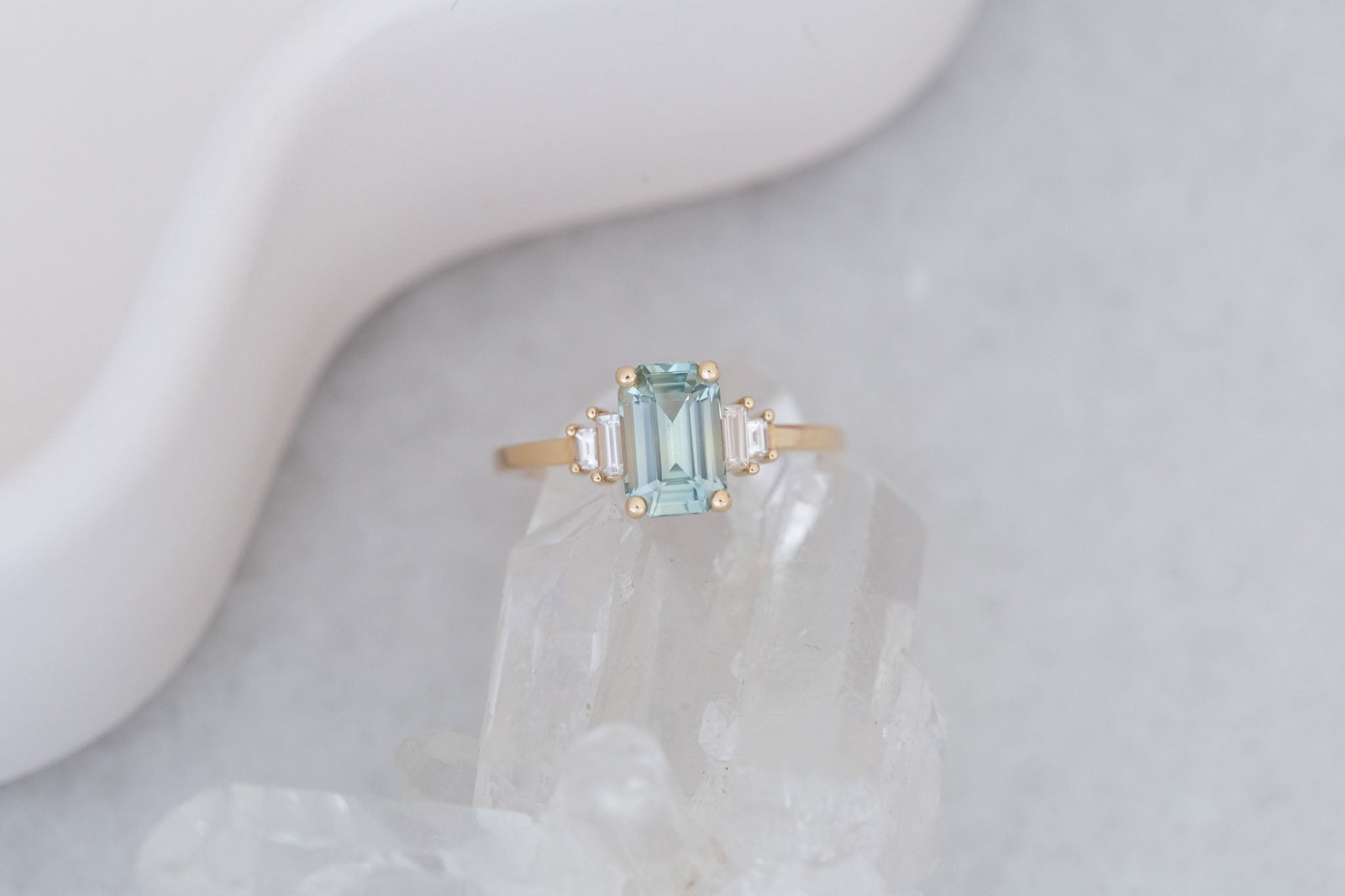 Ash Ring | Mint Green Emerald Cut Sapphire + Diamond Baguette Engagement Ring 2.04 ct | 14k Recycled Gold | One of a Kind
