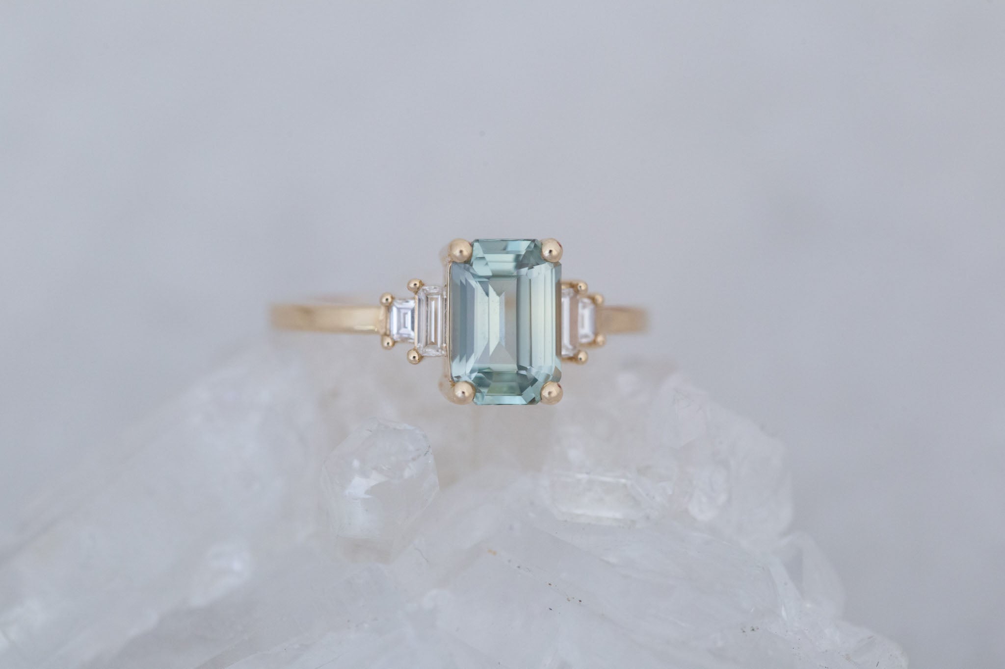 Ash Ring | Mint Green Emerald Cut Sapphire + Diamond Baguette Engagement Ring 2.04 ct | 14k Recycled Gold | One of a Kind