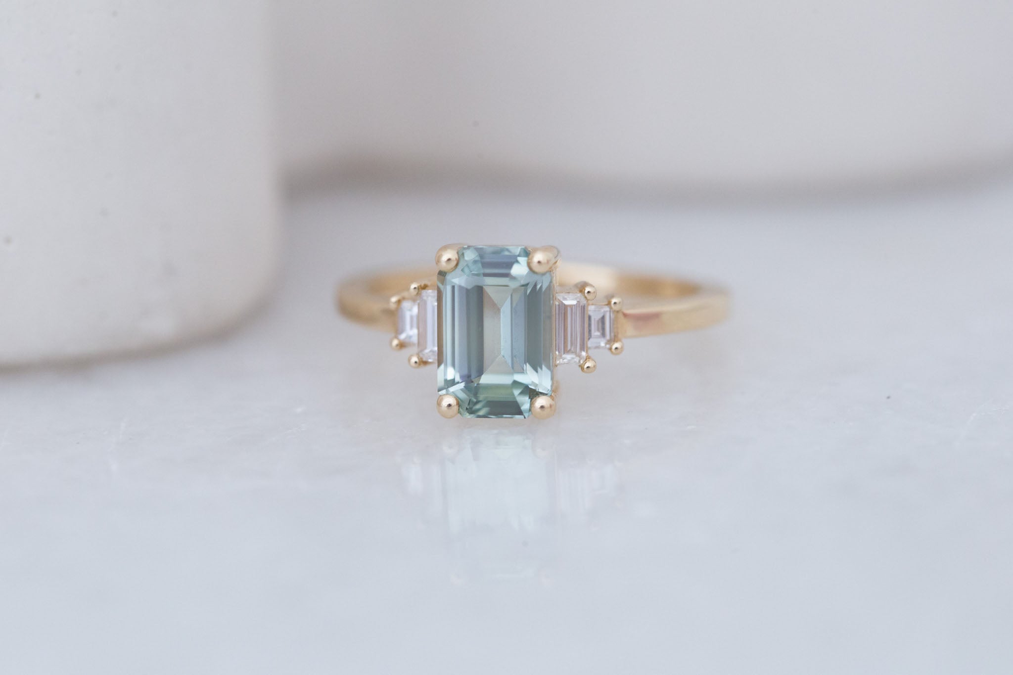 Ash Ring | Mint Green Emerald Cut Sapphire + Diamond Baguette Engagement Ring 2.04 ct | 14k Recycled Gold | One of a Kind