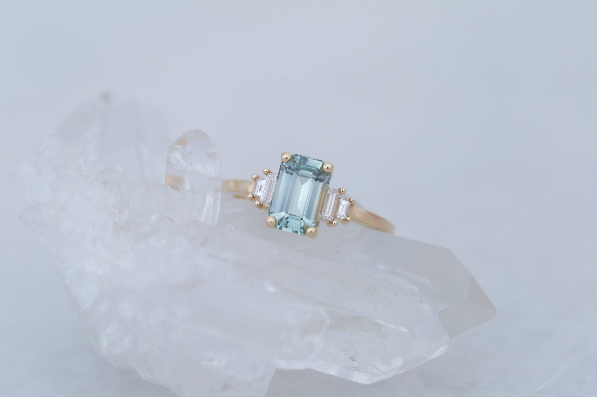 Ash Ring | Mint Green Emerald Cut Sapphire + Diamond Baguette Engagement Ring 2.04 ct | 14k Recycled Gold | One of a Kind