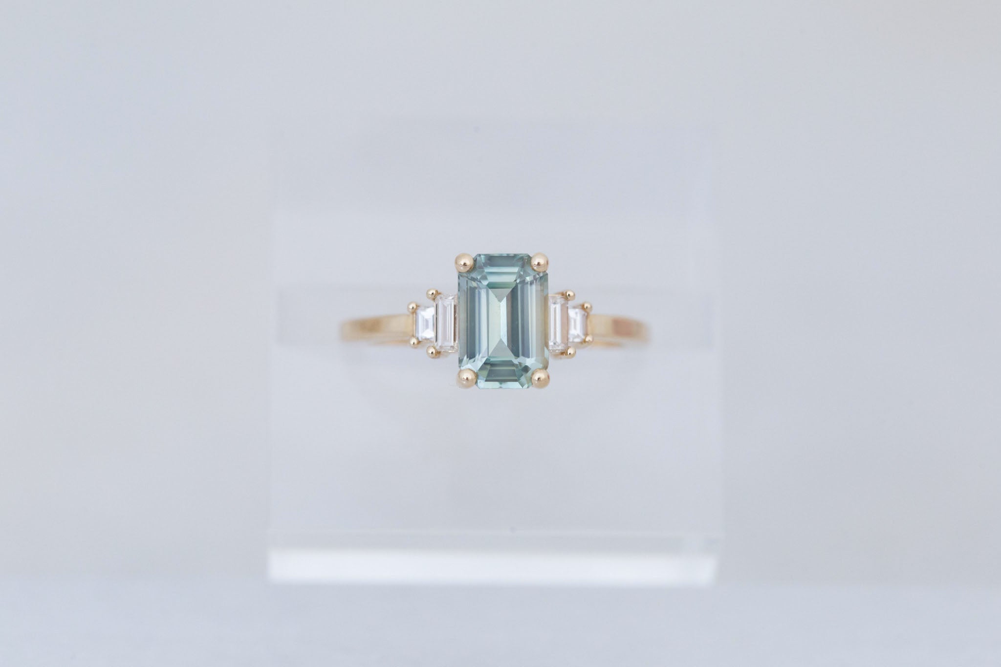 Ash Ring | Mint Green Emerald Cut Sapphire + Diamond Baguette Engagement Ring 2.04 ct | 14k Recycled Gold | One of a Kind