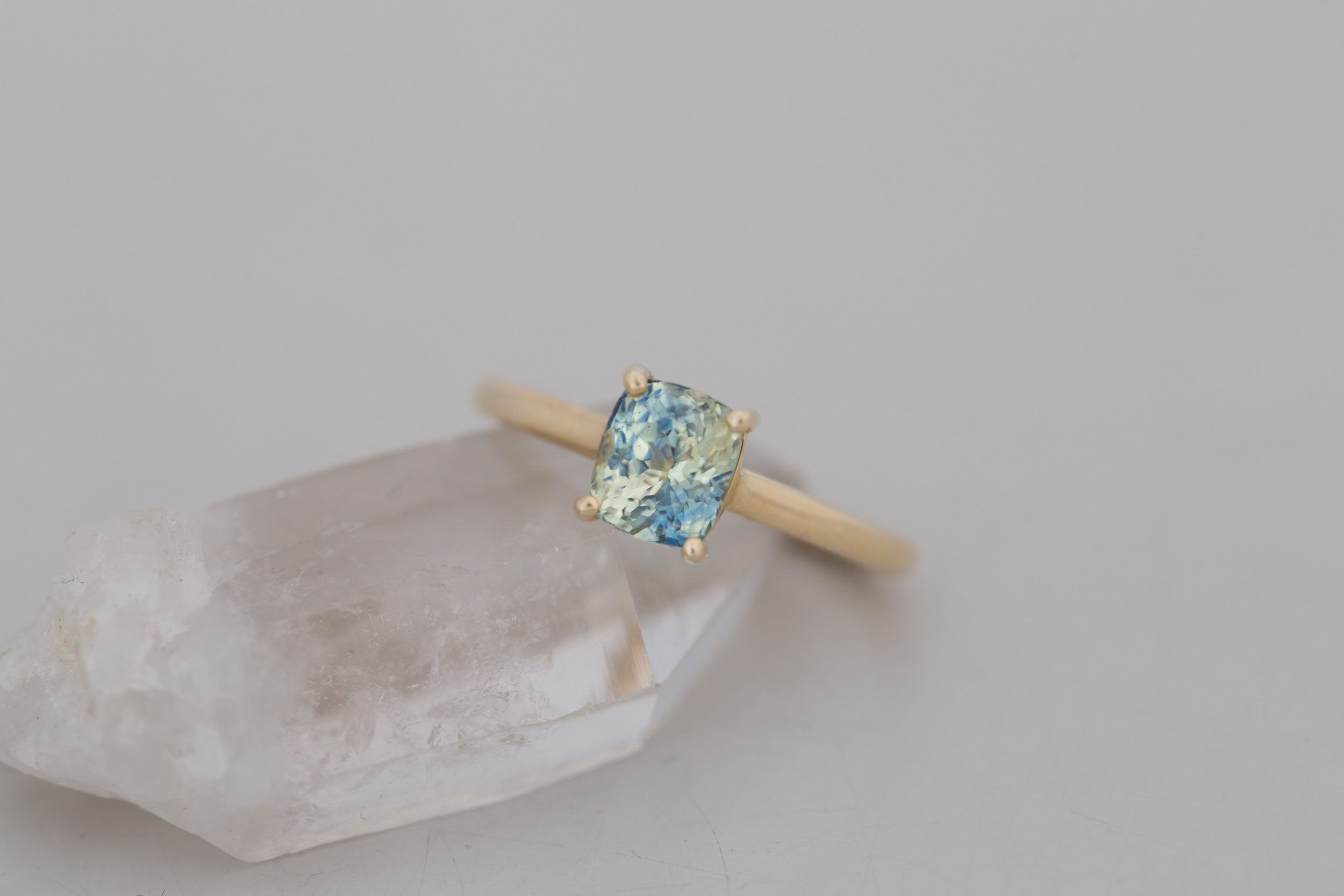 Briar Ring | Bicolor Cushion Cut Sapphire Solitaire Engagement Ring 2.06 ct | 14k Recycled Gold | One of a Kind