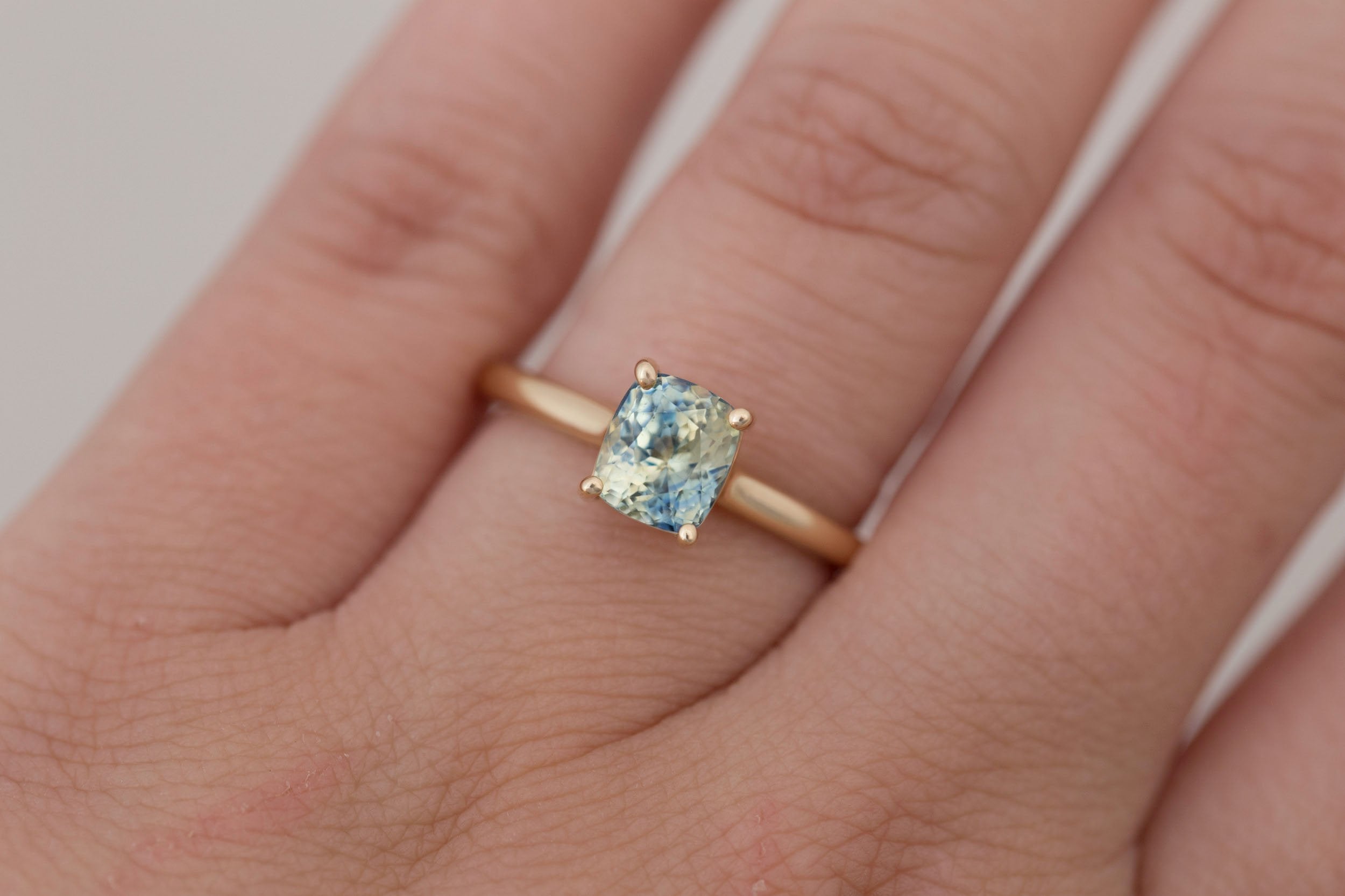 Briar Ring | Bicolor Cushion Cut Sapphire Solitaire Engagement Ring 2.06 ct | 14k Recycled Gold | One of a Kind