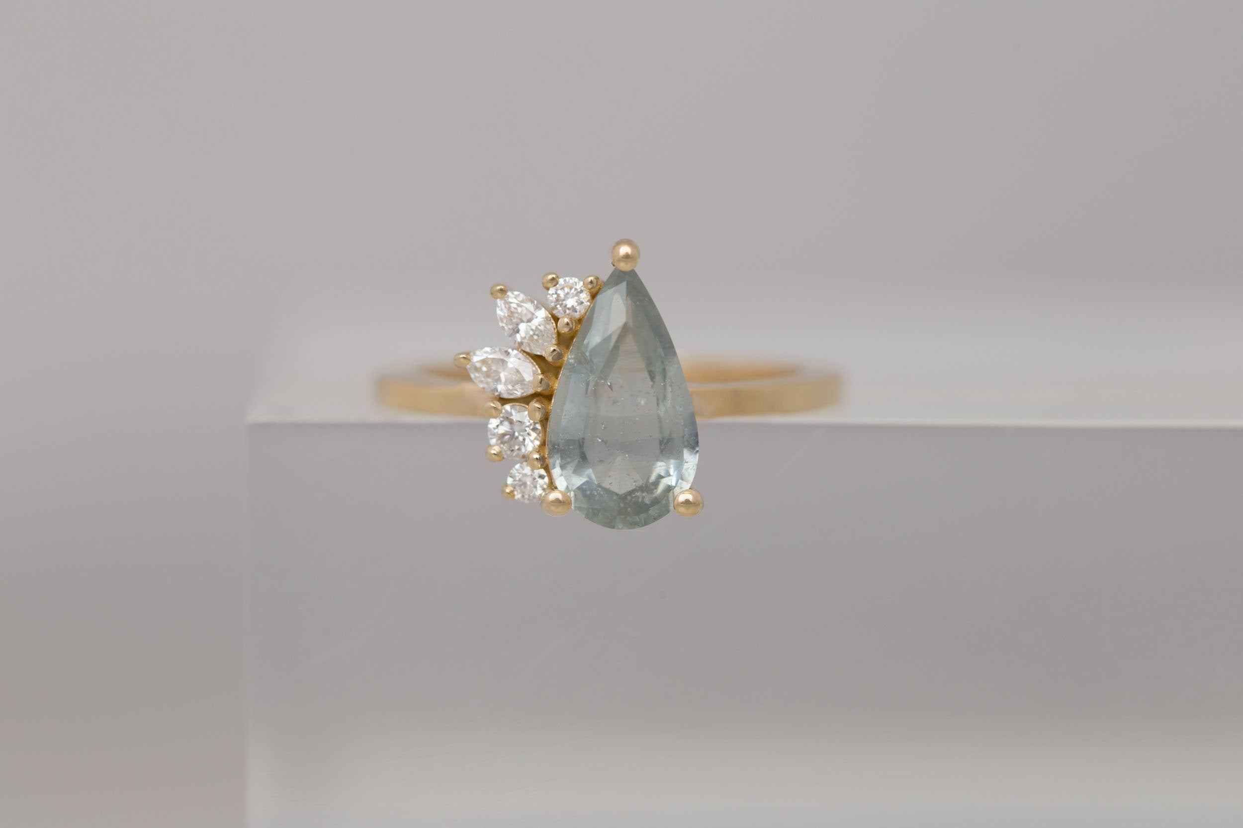 Dahlia Ring | Mint Pear Cut Sapphire + Diamond Cluster Engagement Ring 2.06 ct | 14k Recycled Gold | One of a Kind