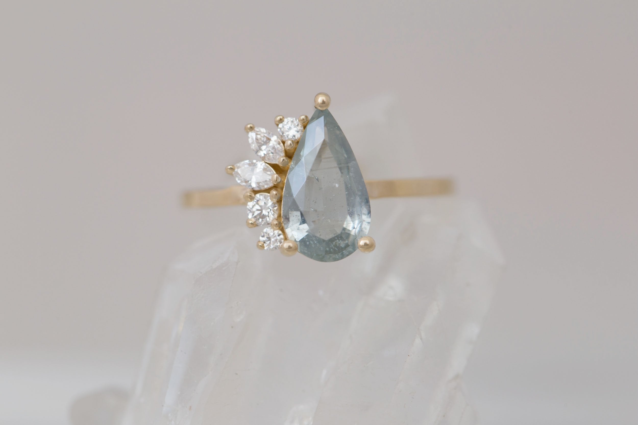 Dahlia Ring | Mint Pear Cut Sapphire + Diamond Cluster Engagement Ring 2.06 ct | 14k Recycled Gold | One of a Kind