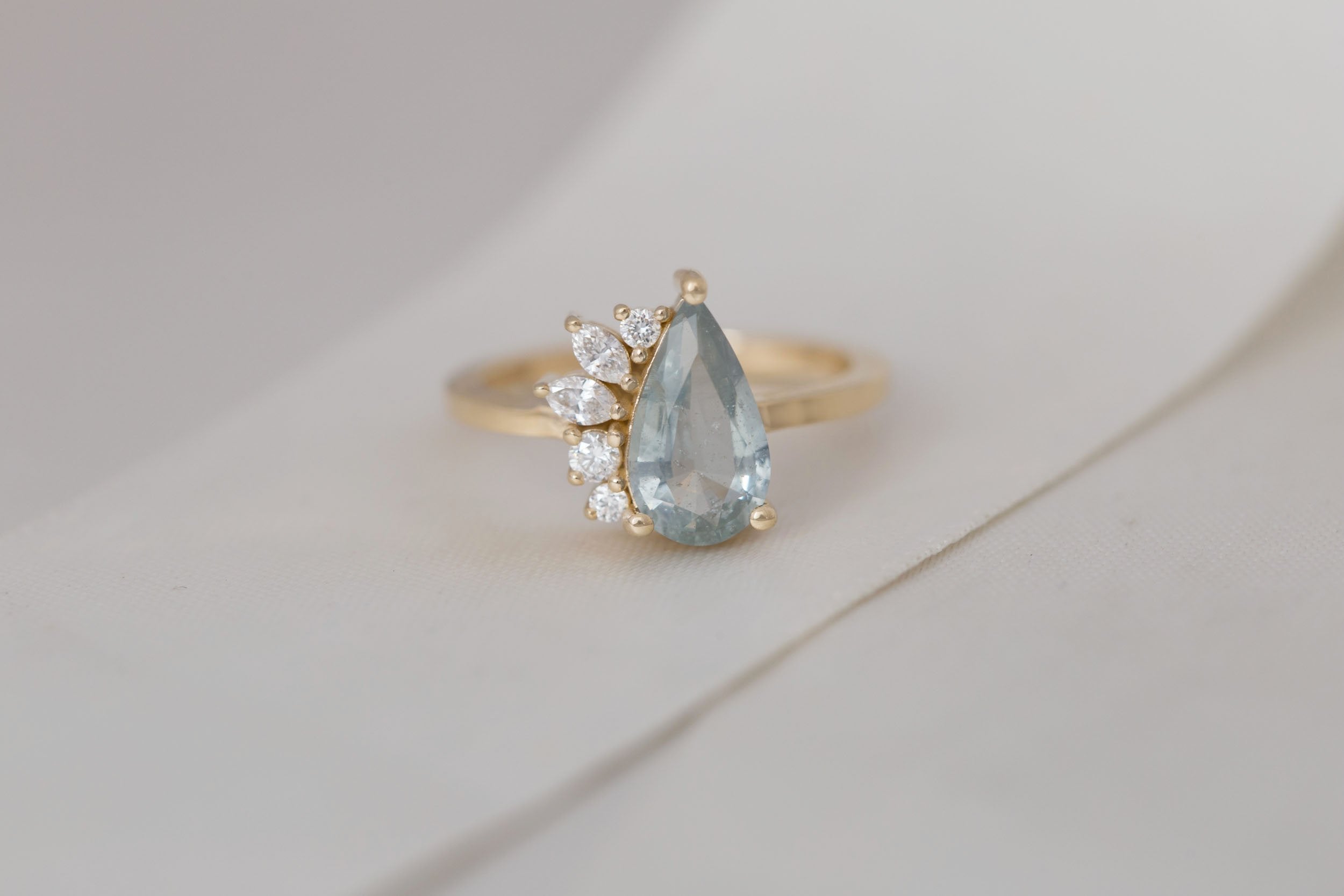 Dahlia Ring | Mint Pear Cut Sapphire + Diamond Cluster Engagement Ring 2.06 ct | 14k Recycled Gold | One of a Kind