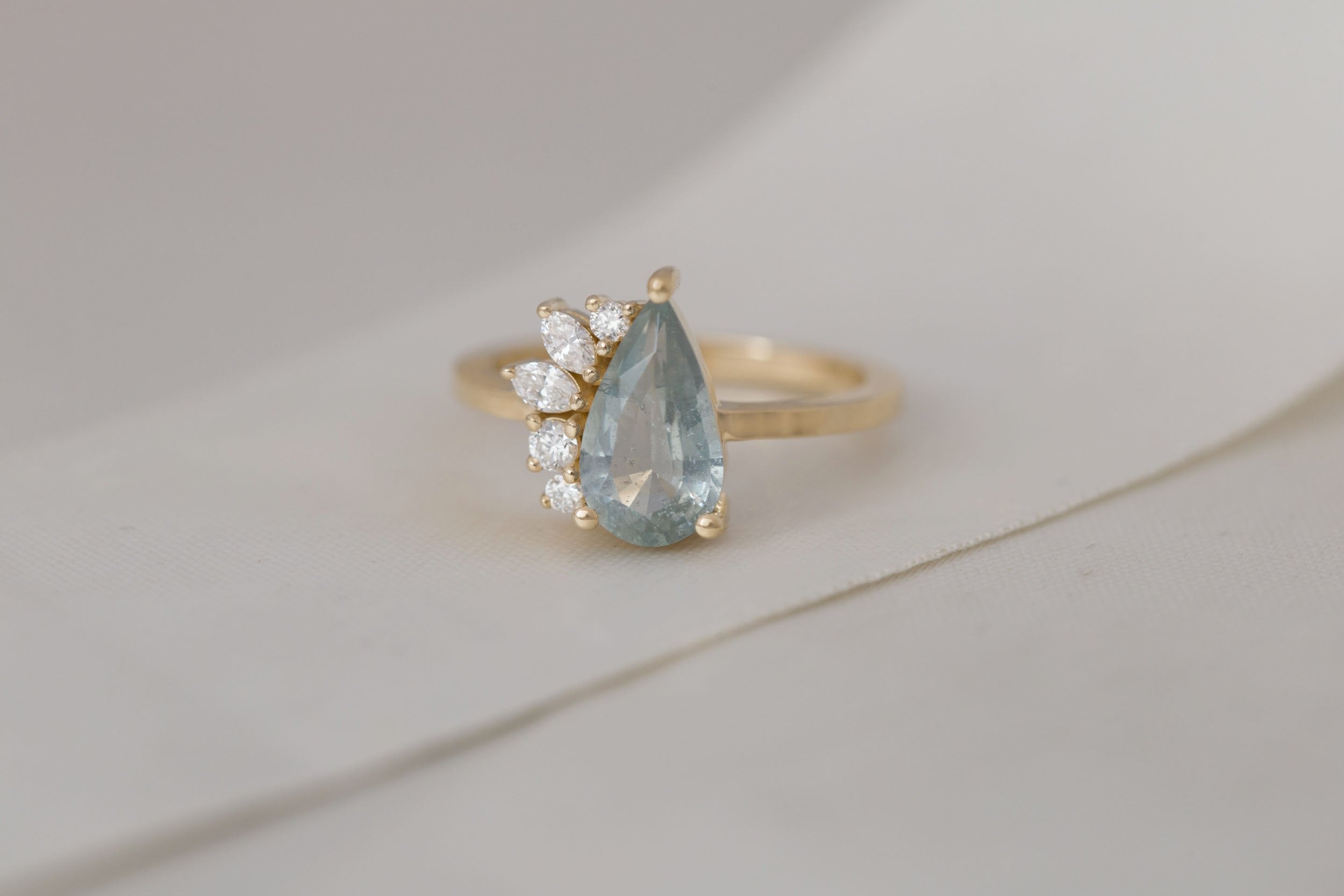Dahlia Ring | Mint Pear Cut Sapphire + Diamond Cluster Engagement Ring 2.06 ct | 14k Recycled Gold | One of a Kind